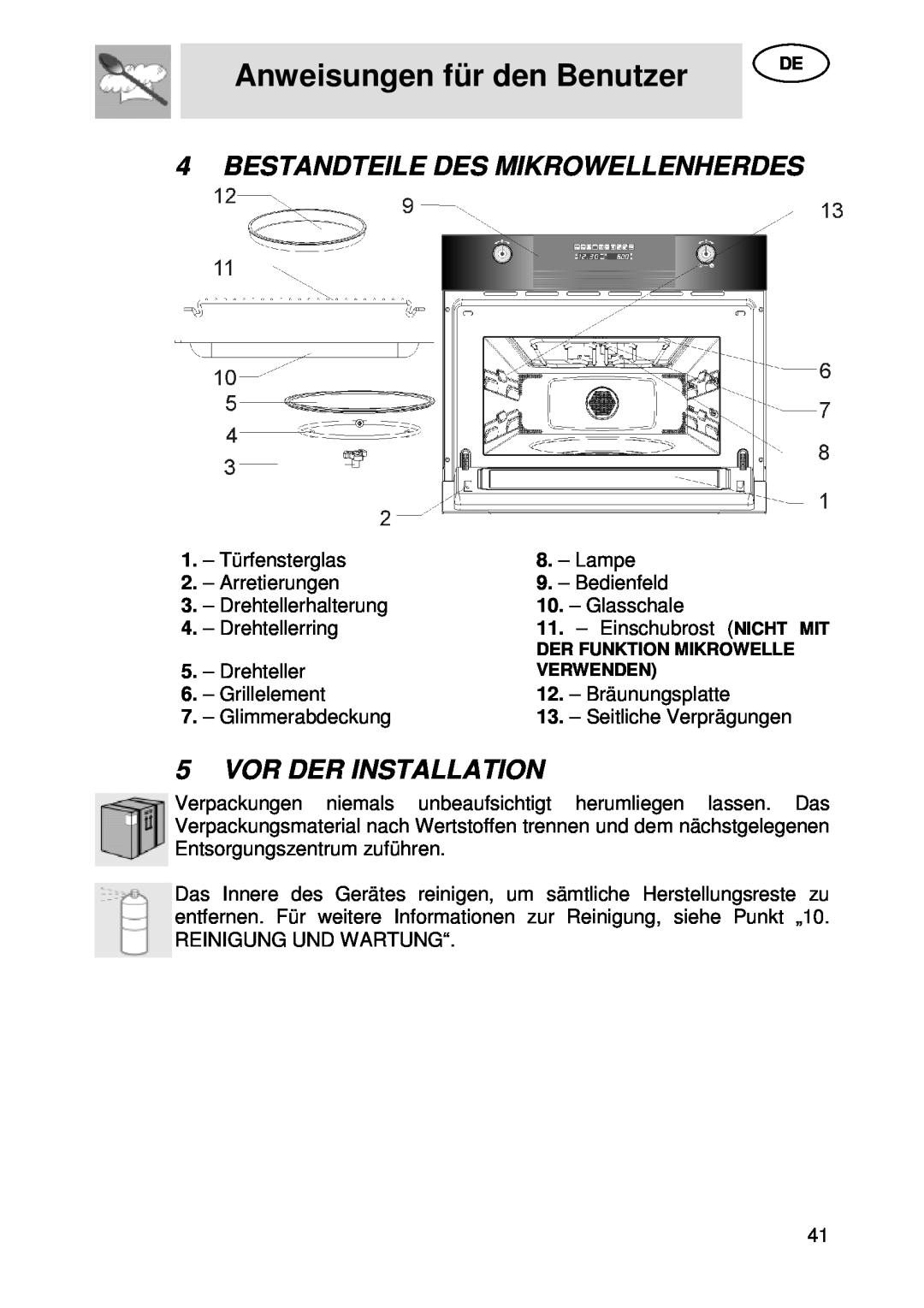 Smeg S45MCX1 Anweisungen für den Benutzer, Bestandteile Des Mikrowellenherdes, Vor Der Installation, Türfensterglas, Lampe 