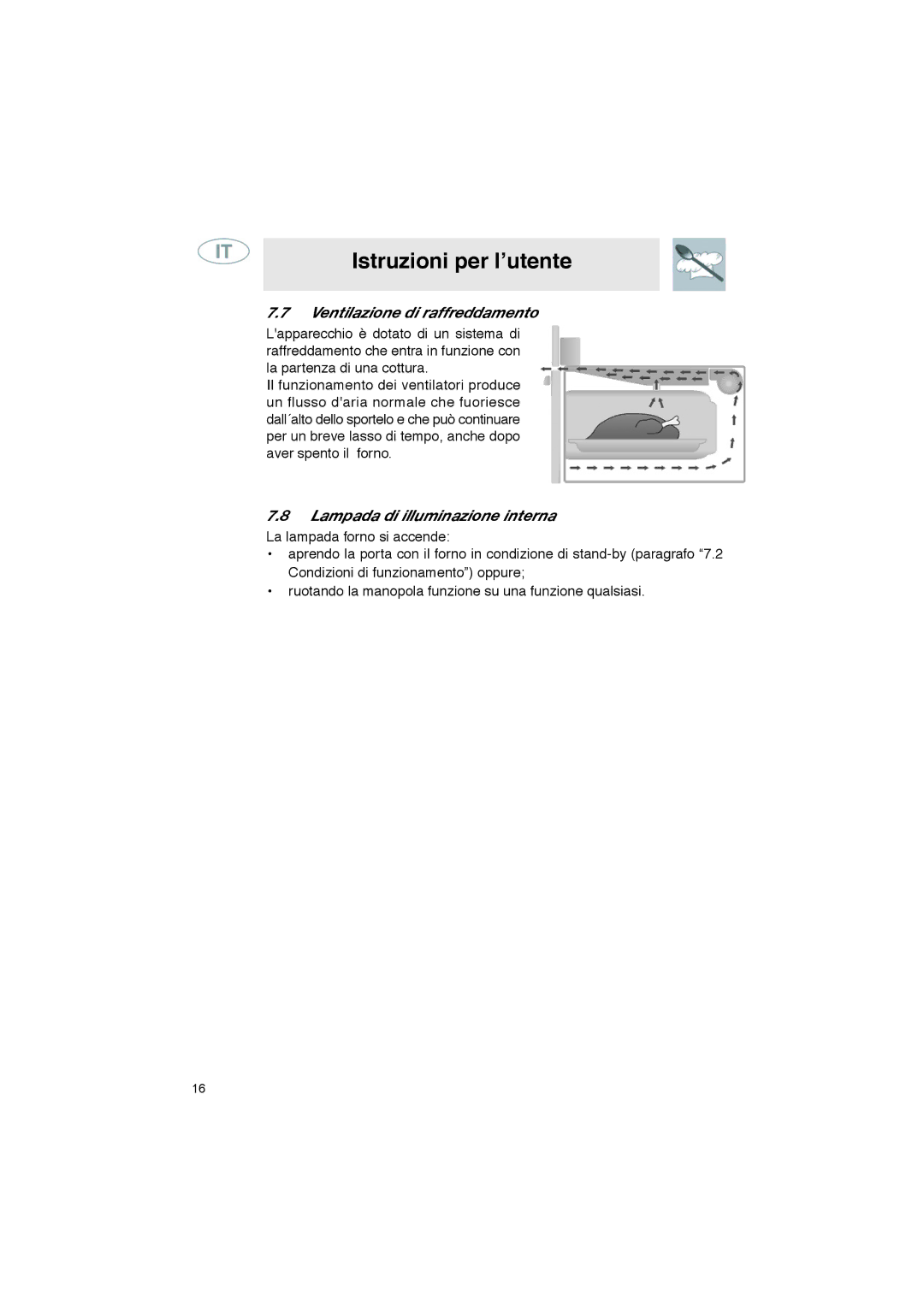 Smeg S45MFX manual Ventilazione di raffreddamento, Lampada di illuminazione interna 