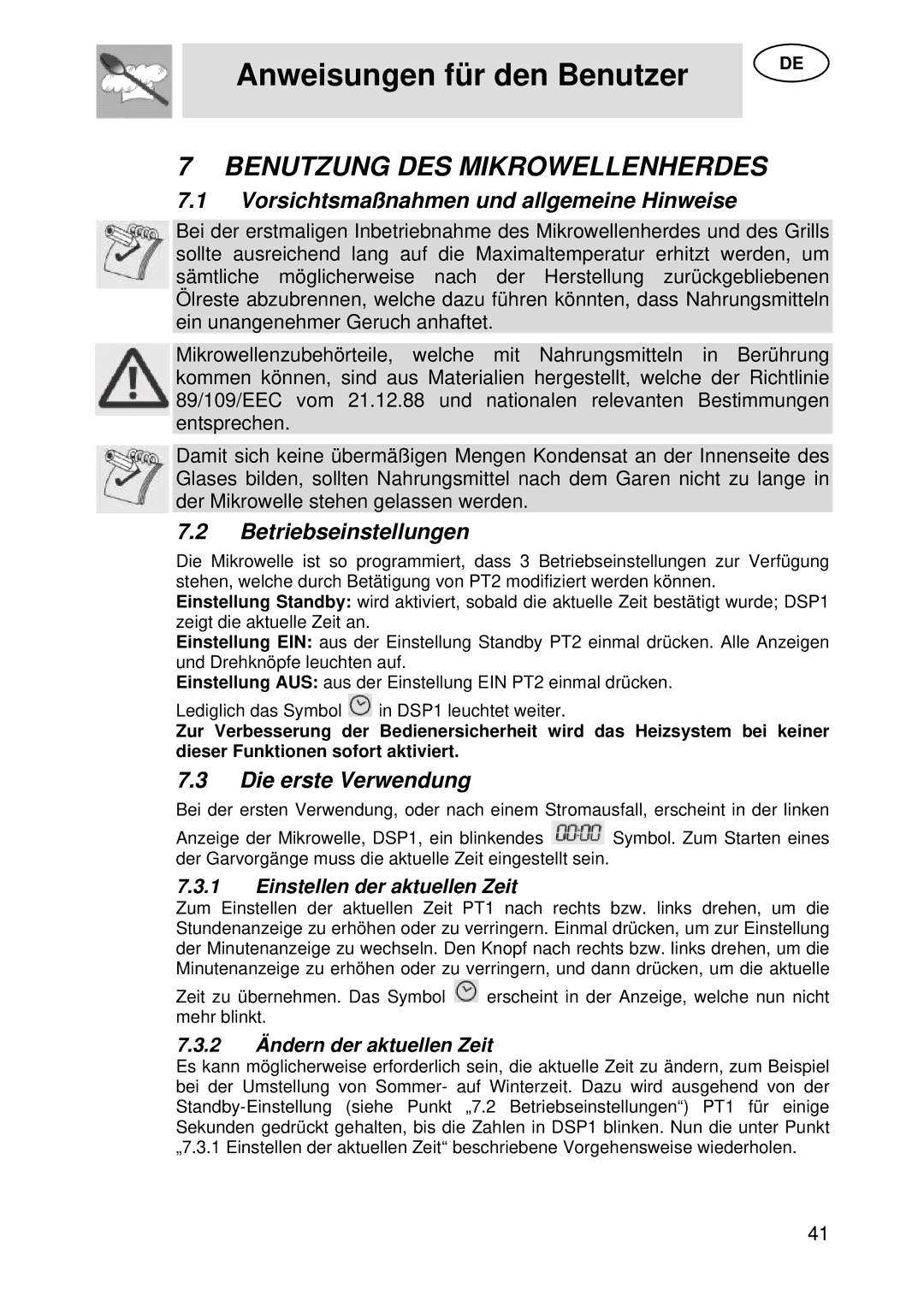 Smeg S45MX manual Benutzung DES Mikrowellenherdes, Vorsichtsmaßnahmen und allgemeine Hinweise, Betriebseinstellungen 