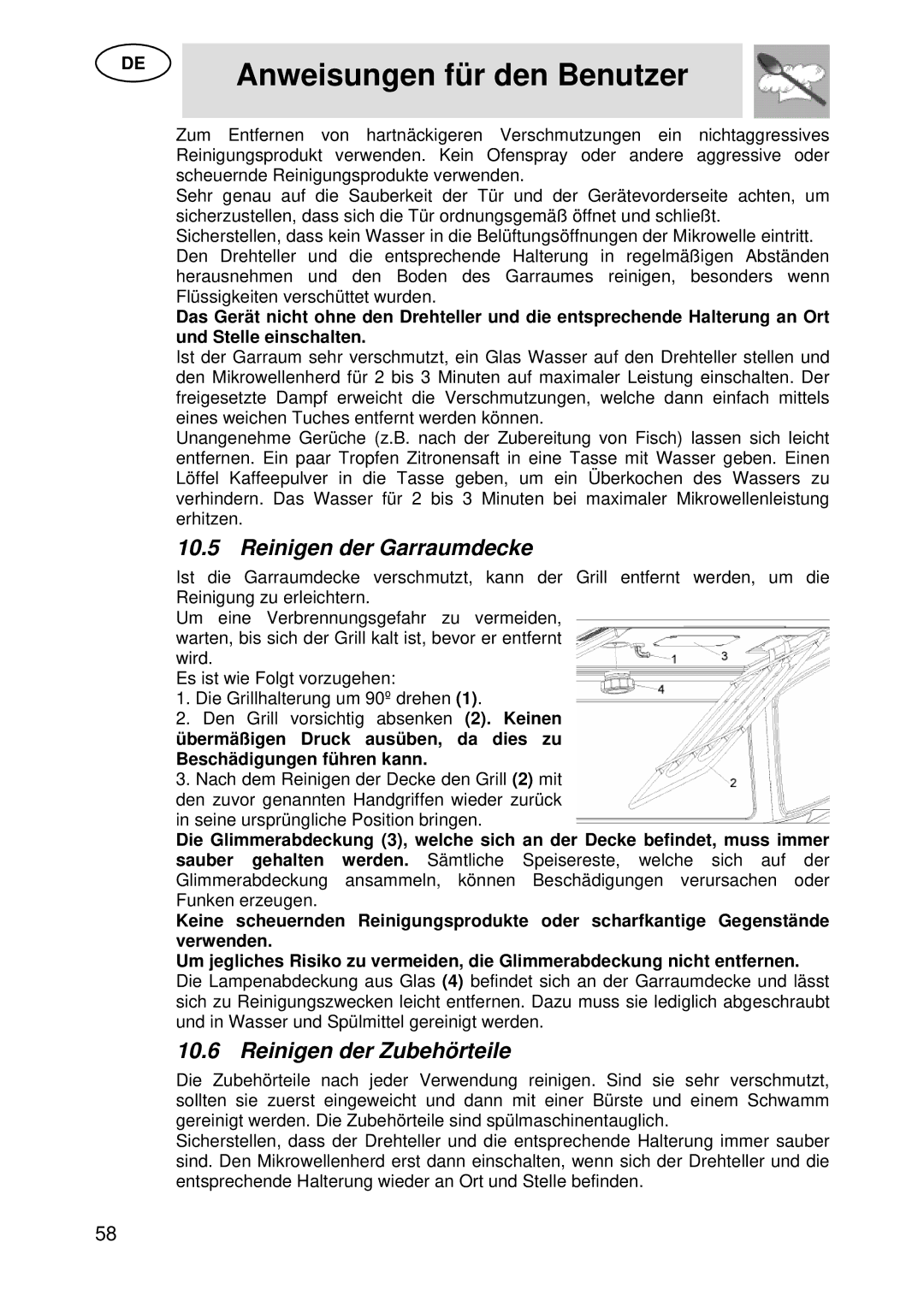 Smeg S45MX manual Reinigen der Garraumdecke, Reinigen der Zubehörteile 