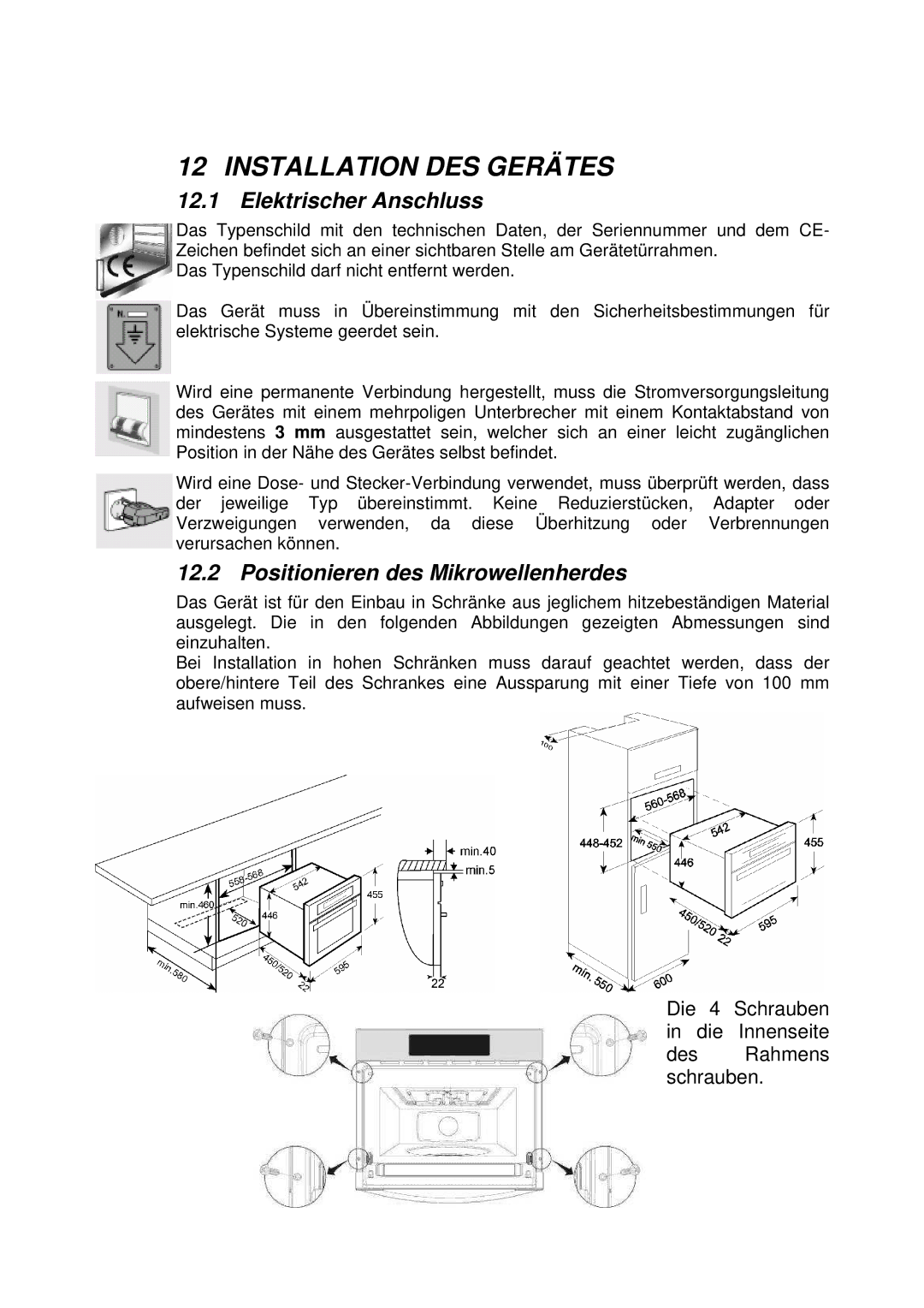 Smeg S45MX manual Installation DES Gerätes, Elektrischer Anschluss, Positionieren des Mikrowellenherdes 