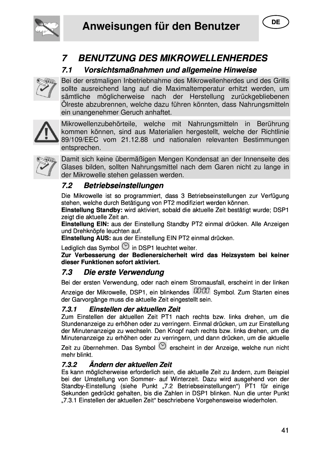 Smeg S45MX manual Benutzung Des Mikrowellenherdes, Vorsichtsmaßnahmen und allgemeine Hinweise, Betriebseinstellungen 