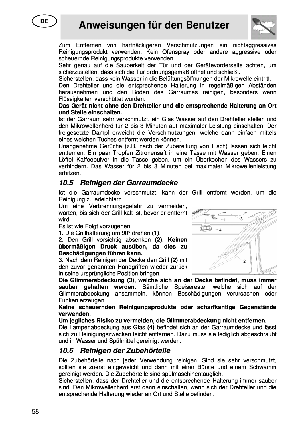 Smeg S45MX manual Reinigen der Garraumdecke, Reinigen der Zubehörteile, Anweisungen für den Benutzer 