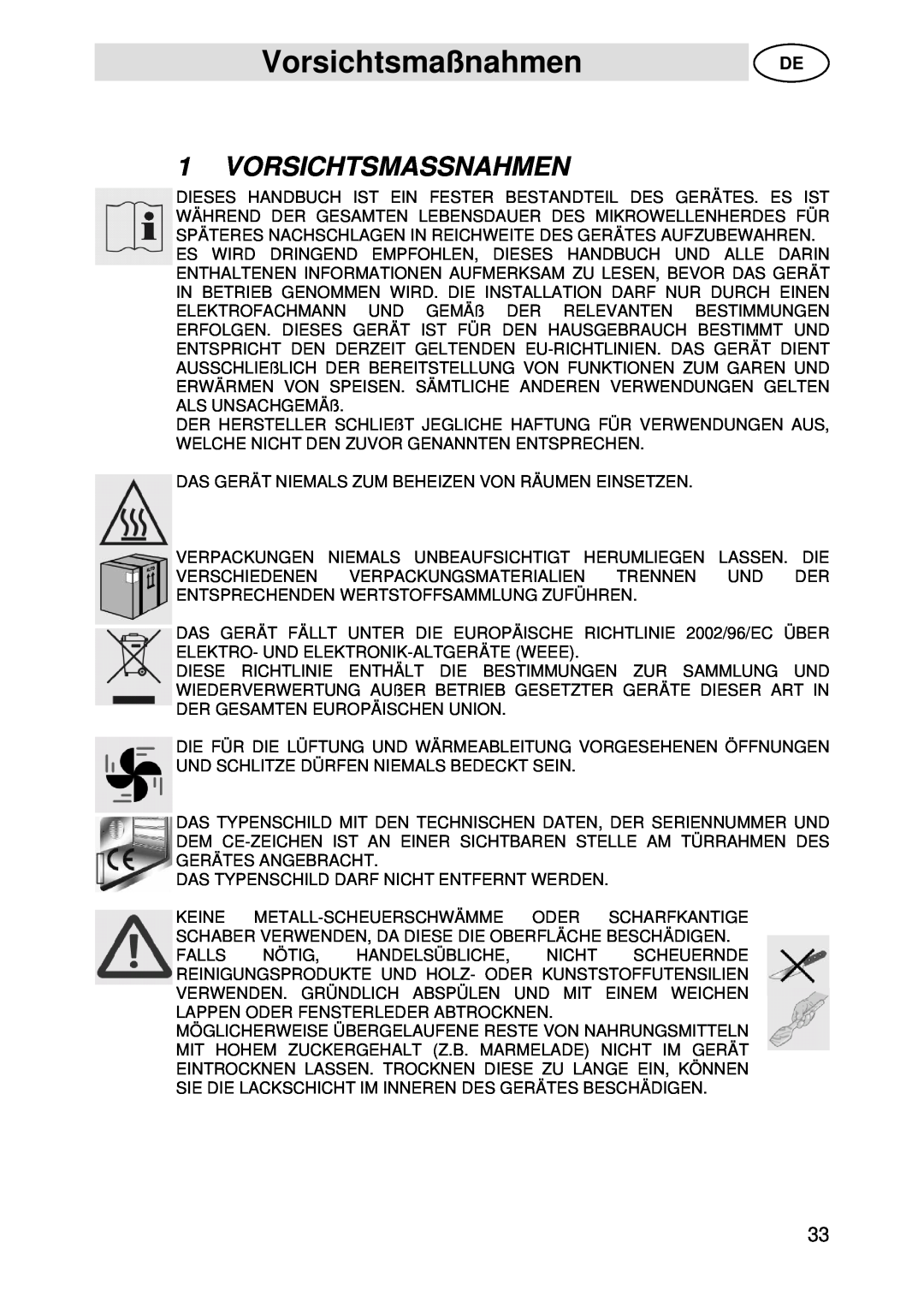 Smeg S45MX manual Vorsichtsmaßnahmen, Vorsichtsmassnahmen 