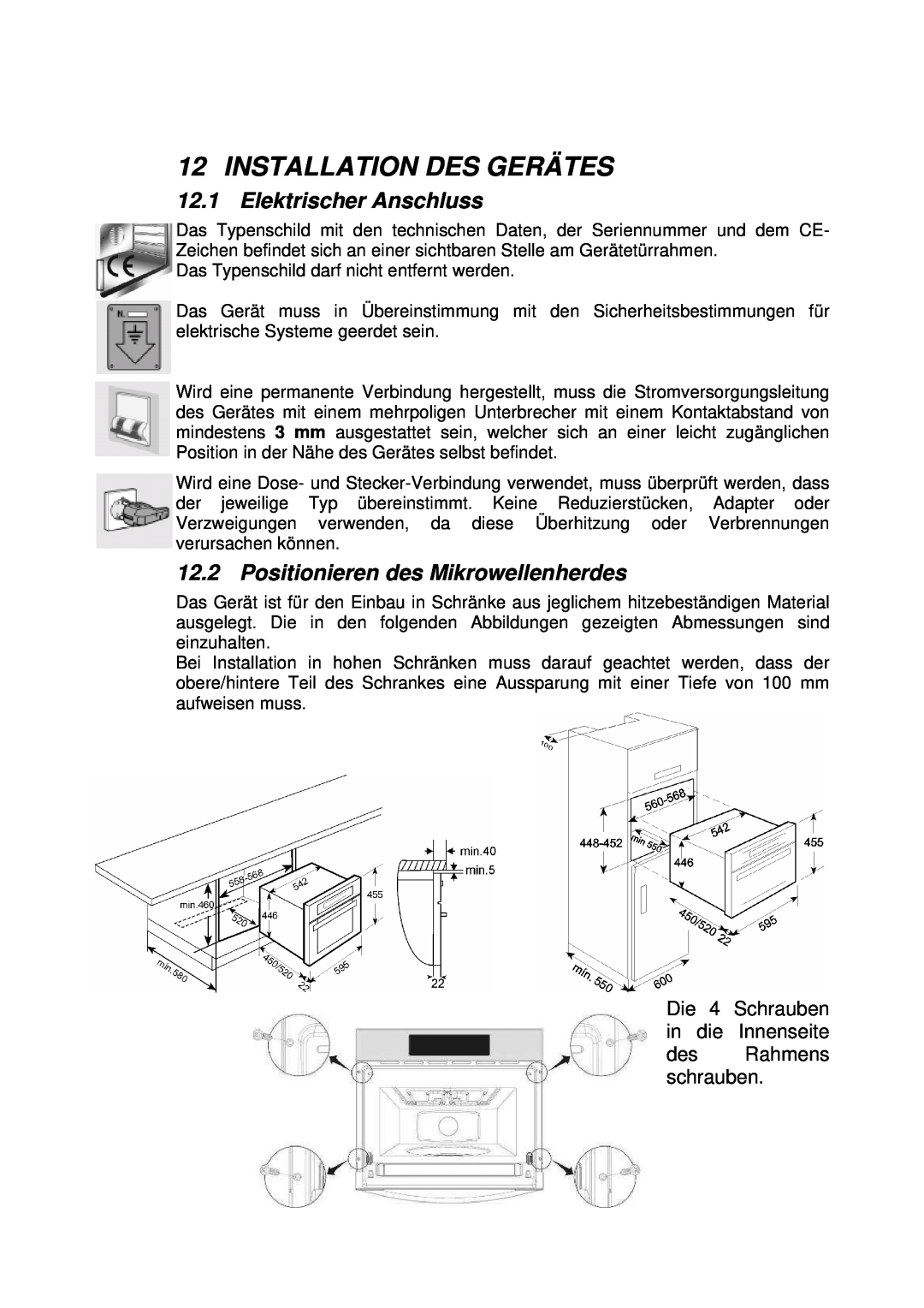 Smeg S45MX manual Installation Des Gerätes, Elektrischer Anschluss, Positionieren des Mikrowellenherdes 