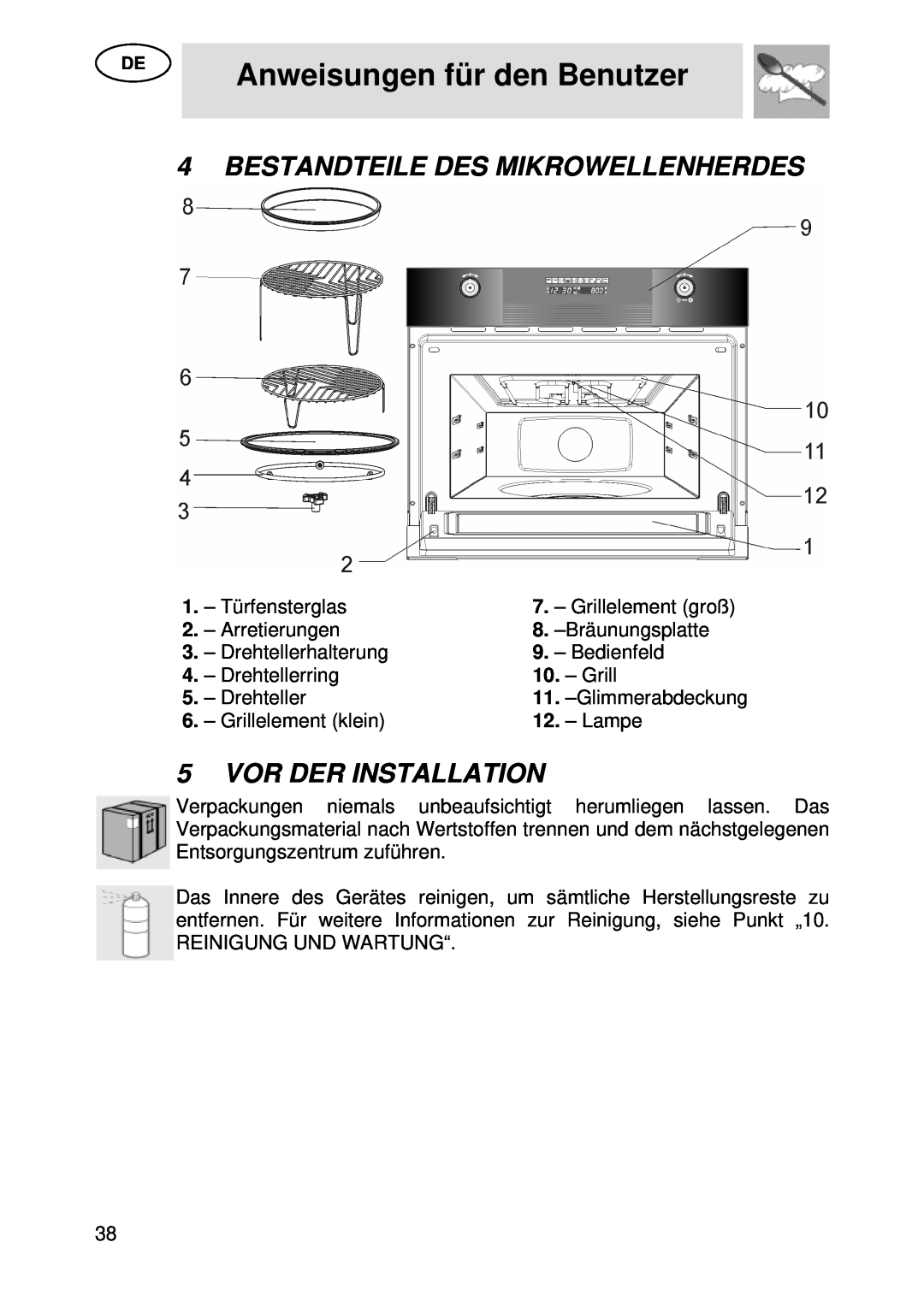 Smeg S45MX Anweisungen für den Benutzer, Bestandteile Des Mikrowellenherdes, Vor Der Installation, Türfensterglas, Grill 