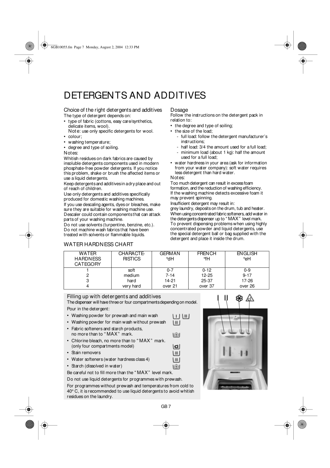 Smeg S600TL manual Detergents and Additives, Dosage, Filling up with detergents and additives, Medium 