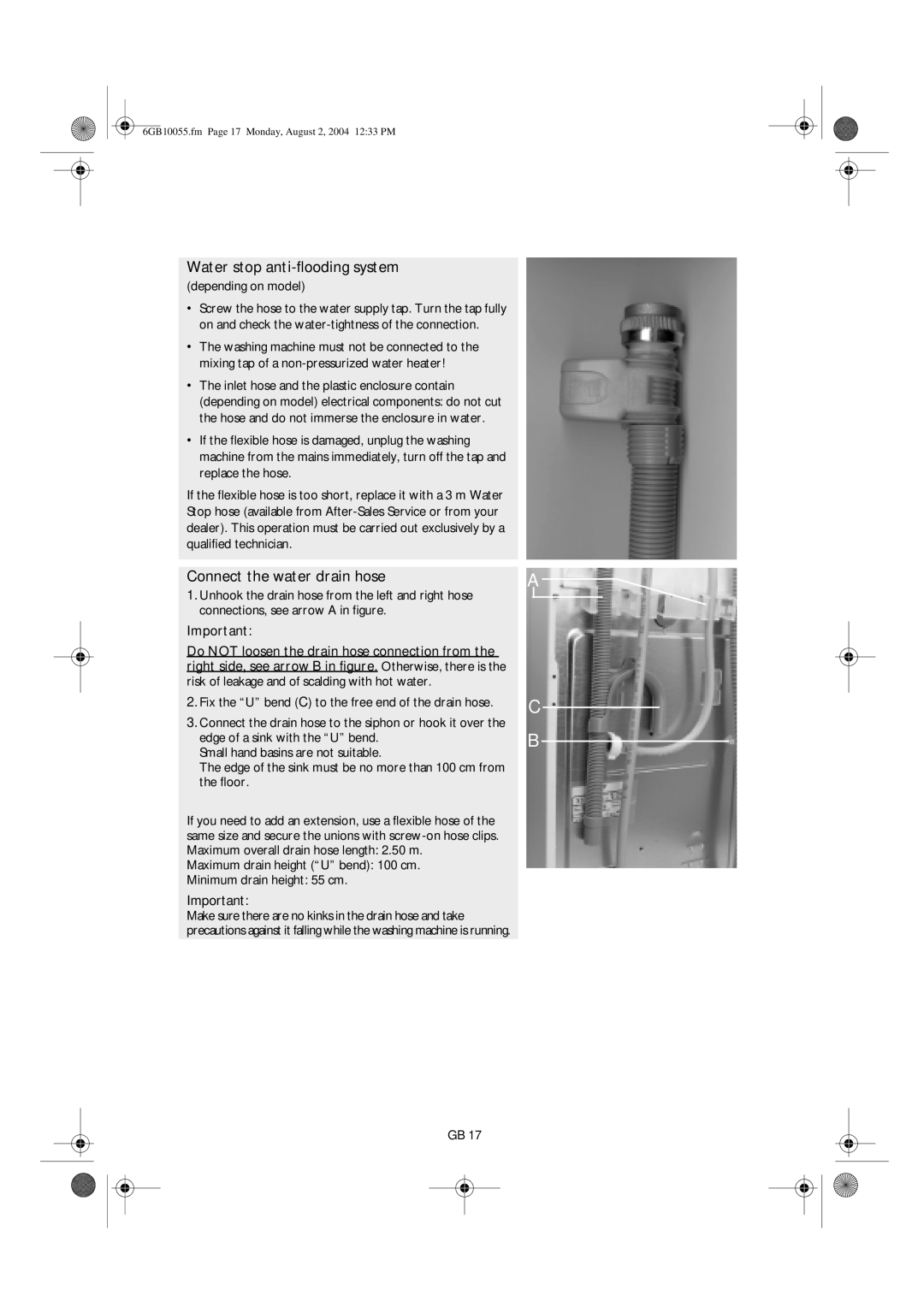 Smeg S600TL manual Water stop anti-flooding system, Connect the water drain hose 