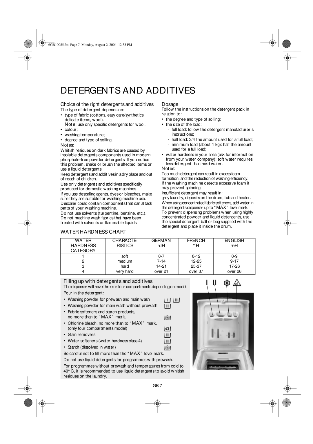 Smeg S600TL Dosage, Water Hardness Chart, Filling up with detergents and additives, Characte, German, French, English 