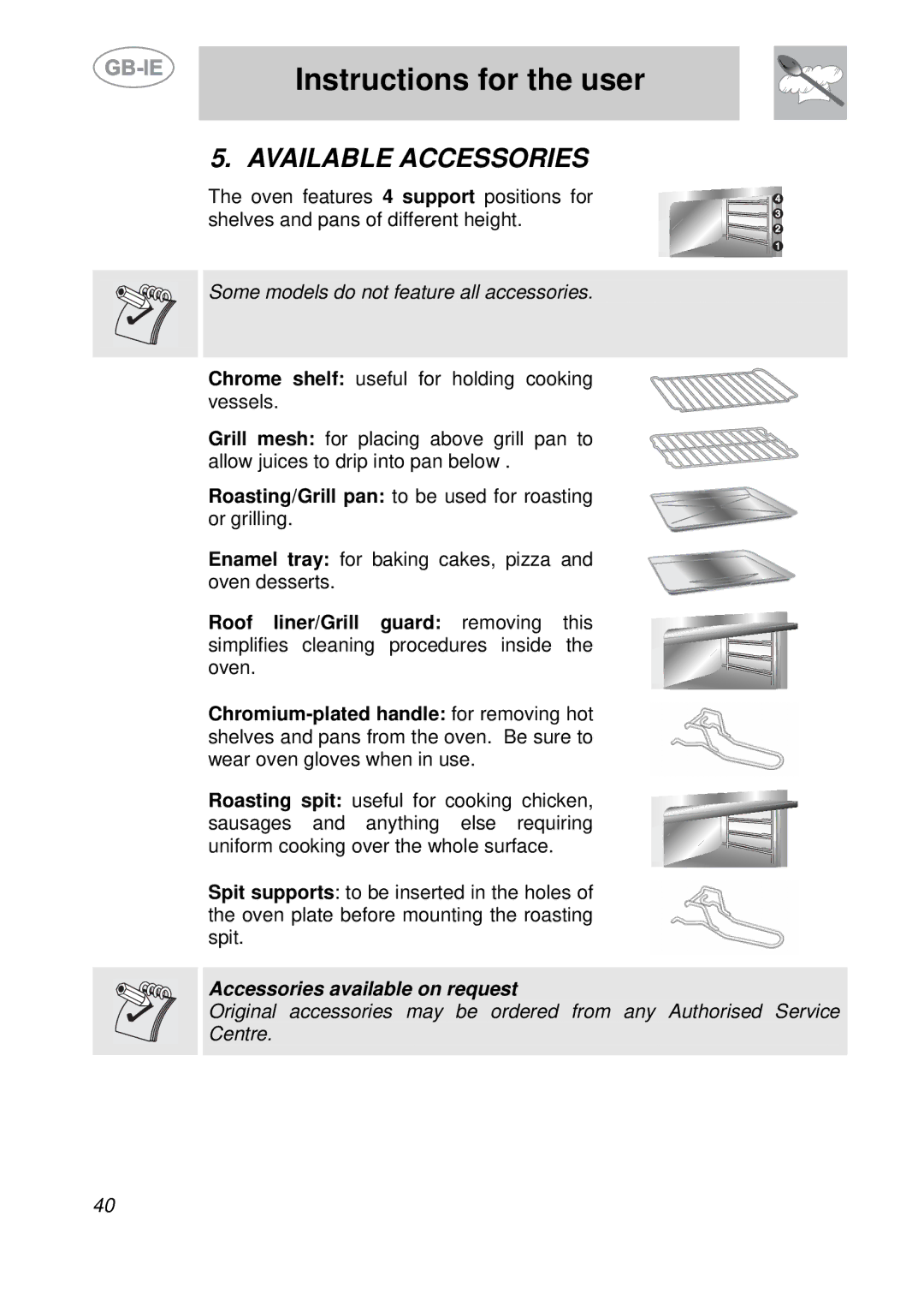 Smeg S709X-7 manual Available Accessories, Some models do not feature all accessories 