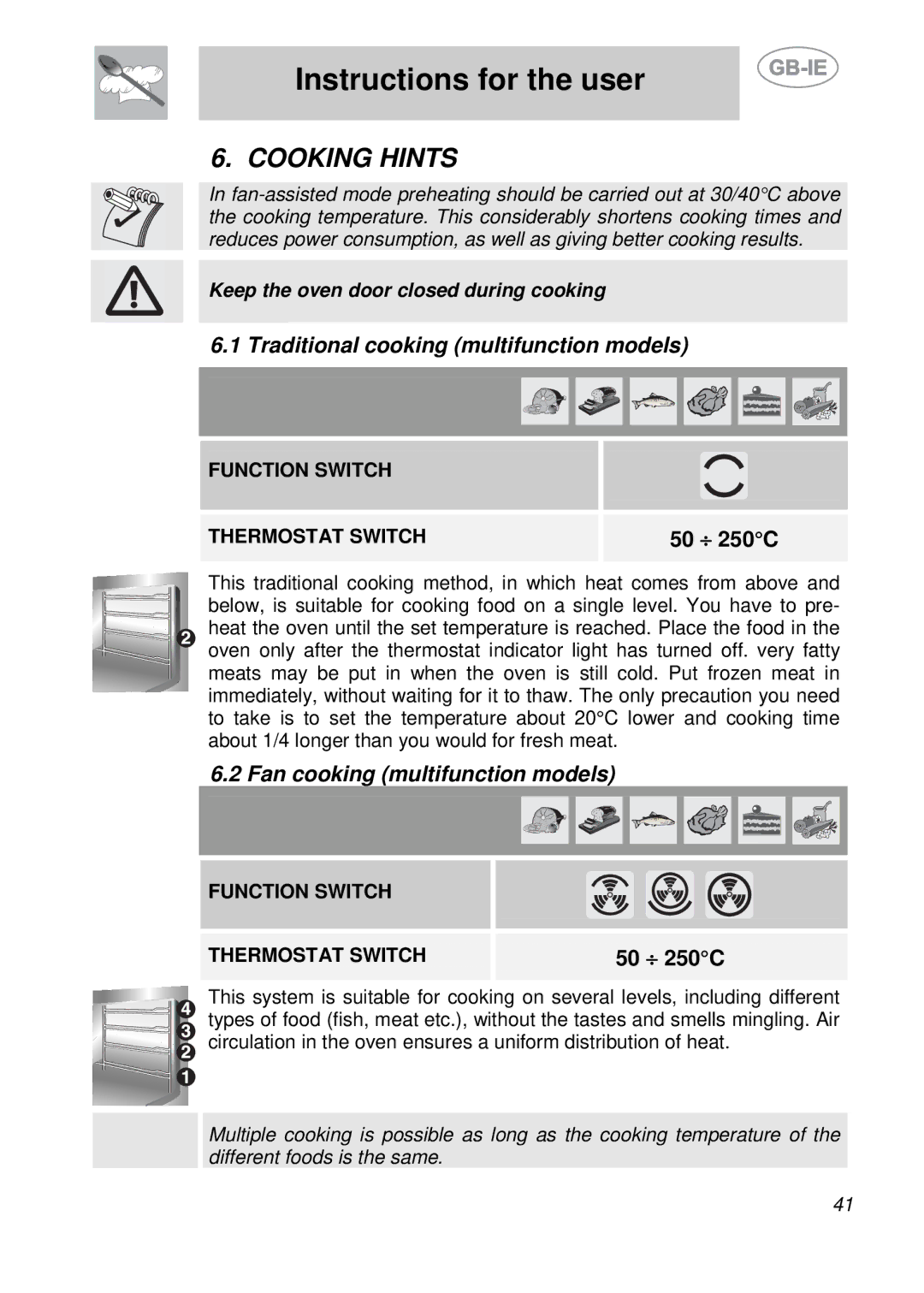 Smeg S709X-7 manual Cooking Hints, Traditional cooking multifunction models, Fan cooking multifunction models 