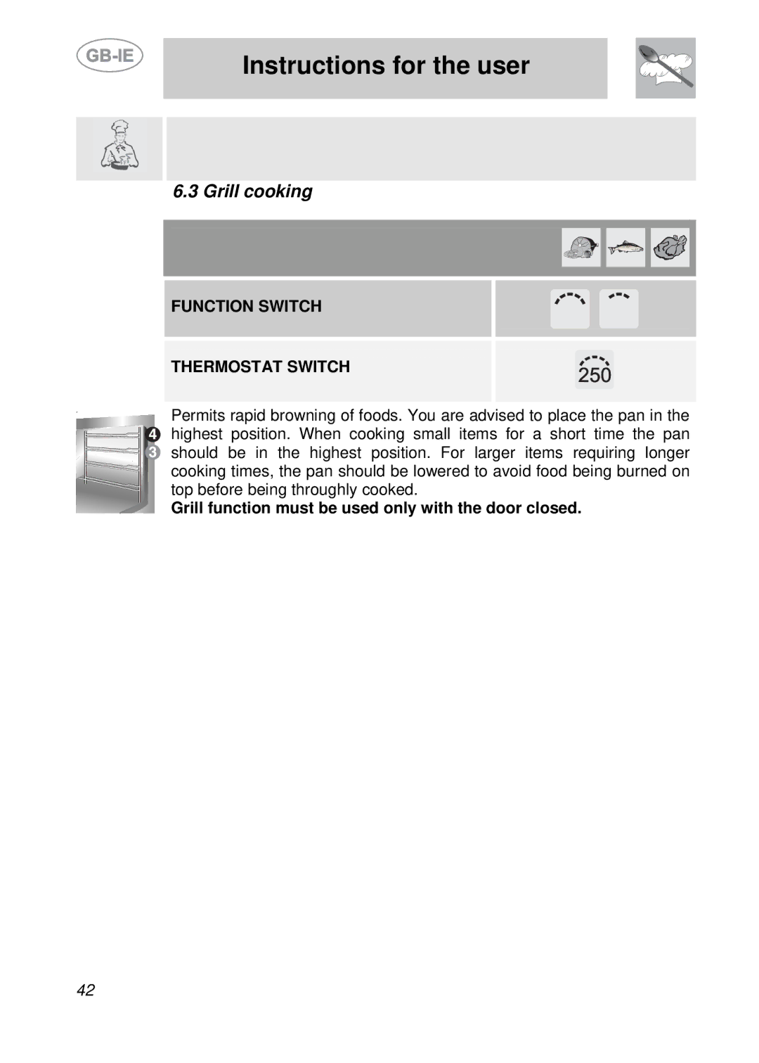 Smeg S709X-7 manual Grill cooking, Grill function must be used only with the door closed 