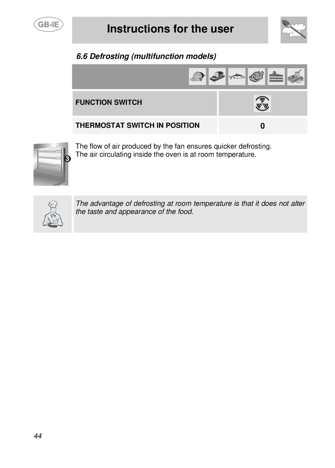 Smeg S709X-7 manual Defrosting multifunction models, Function Switch Thermostat Switch in Position 