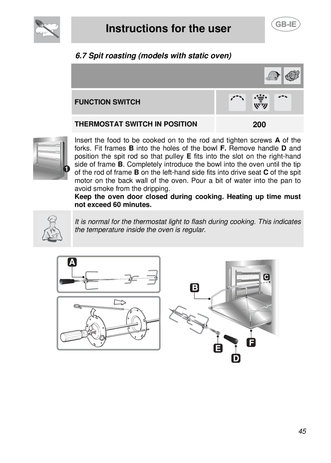 Smeg S709X-7 manual Spit roasting models with static oven, 200 