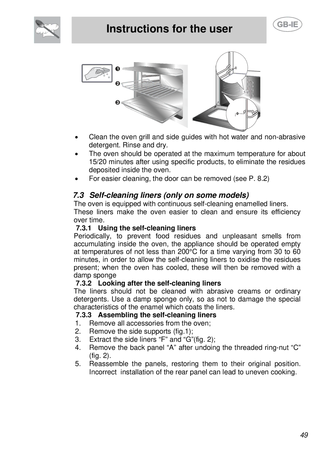 Smeg S709X-7 Self-cleaning liners only on some models, Using the self-cleaning liners, Assembling the self-cleaning liners 