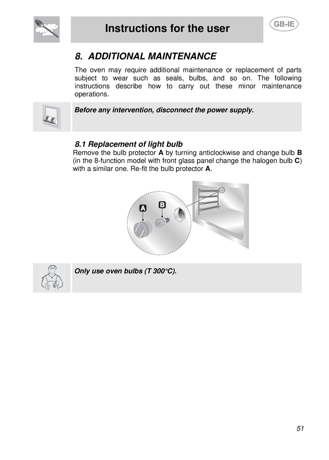 Smeg S709X-7 manual Additional Maintenance, Replacement of light bulb 