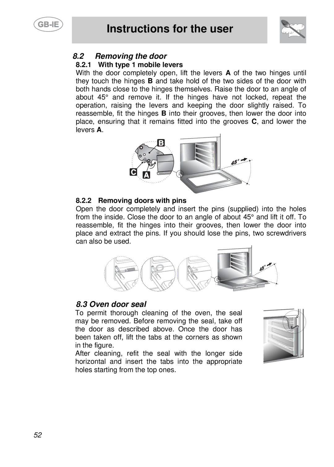 Smeg S709X-7 manual Removing the door, Oven door seal, With type 1 mobile levers, Removing doors with pins 