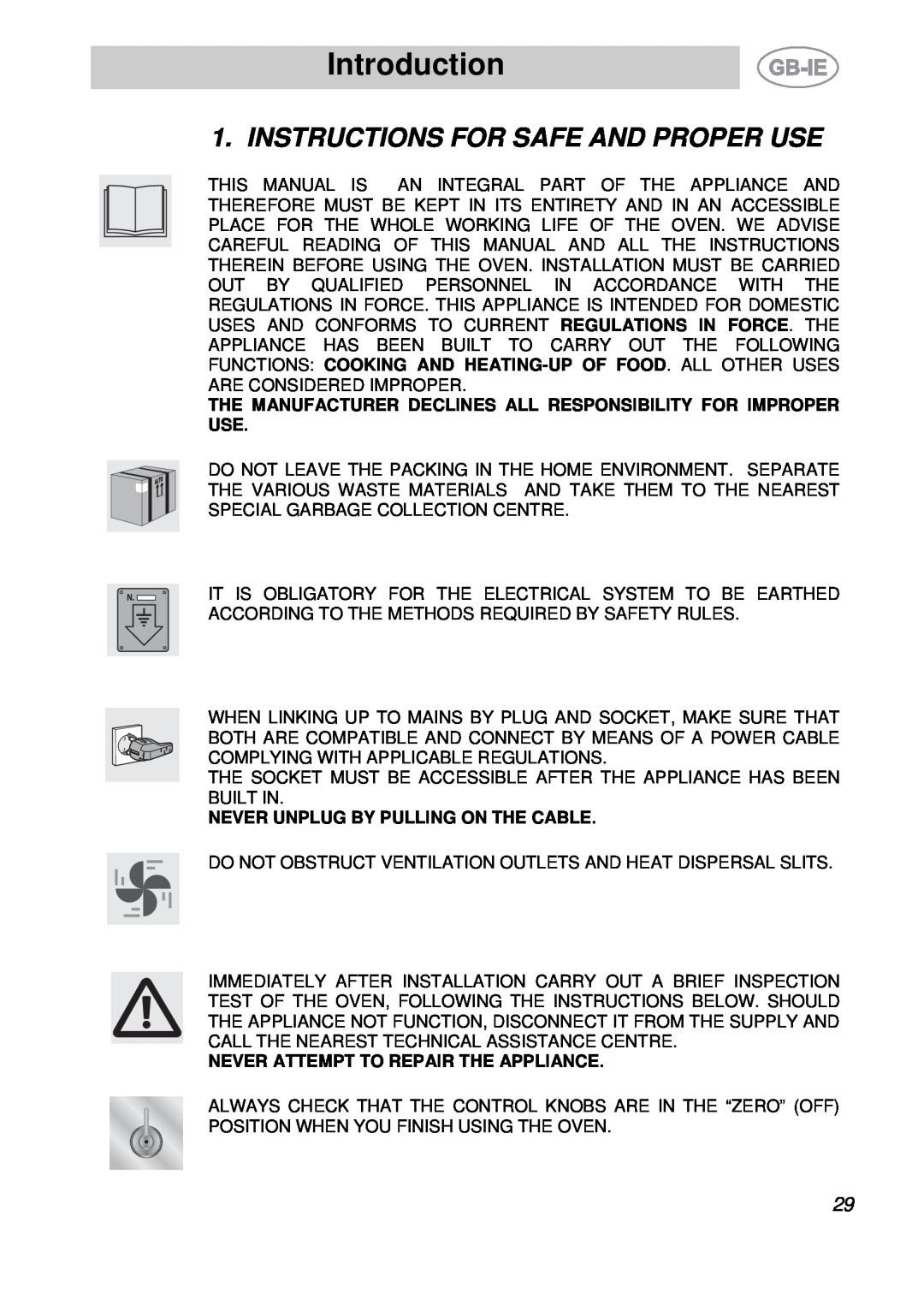 Smeg S709X-7 manual Introduction, Instructions For Safe And Proper Use, Never Unplug By Pulling On The Cable 