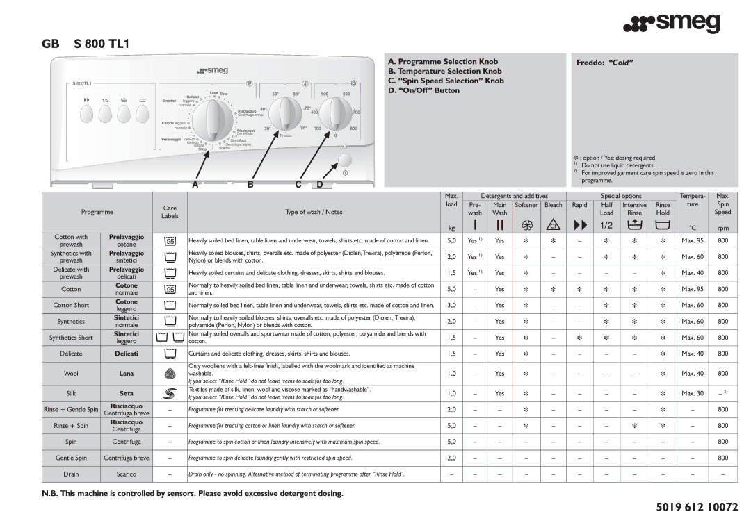 Smeg S800TL1 manual GB S 800 TL1, Freddo Cold 