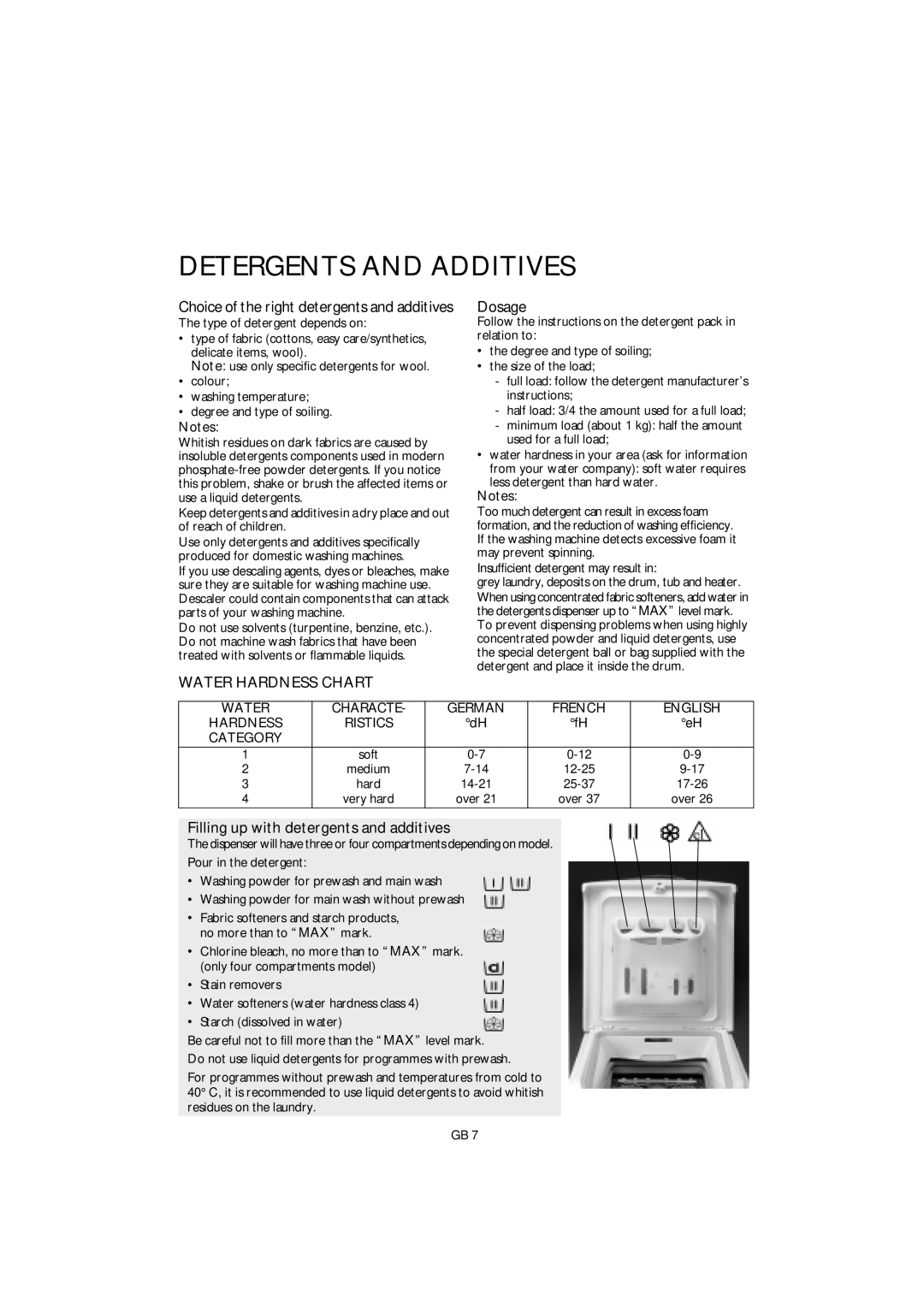 Smeg S800TL1 manual Detergents and Additives, Dosage, Filling up with detergents and additives 