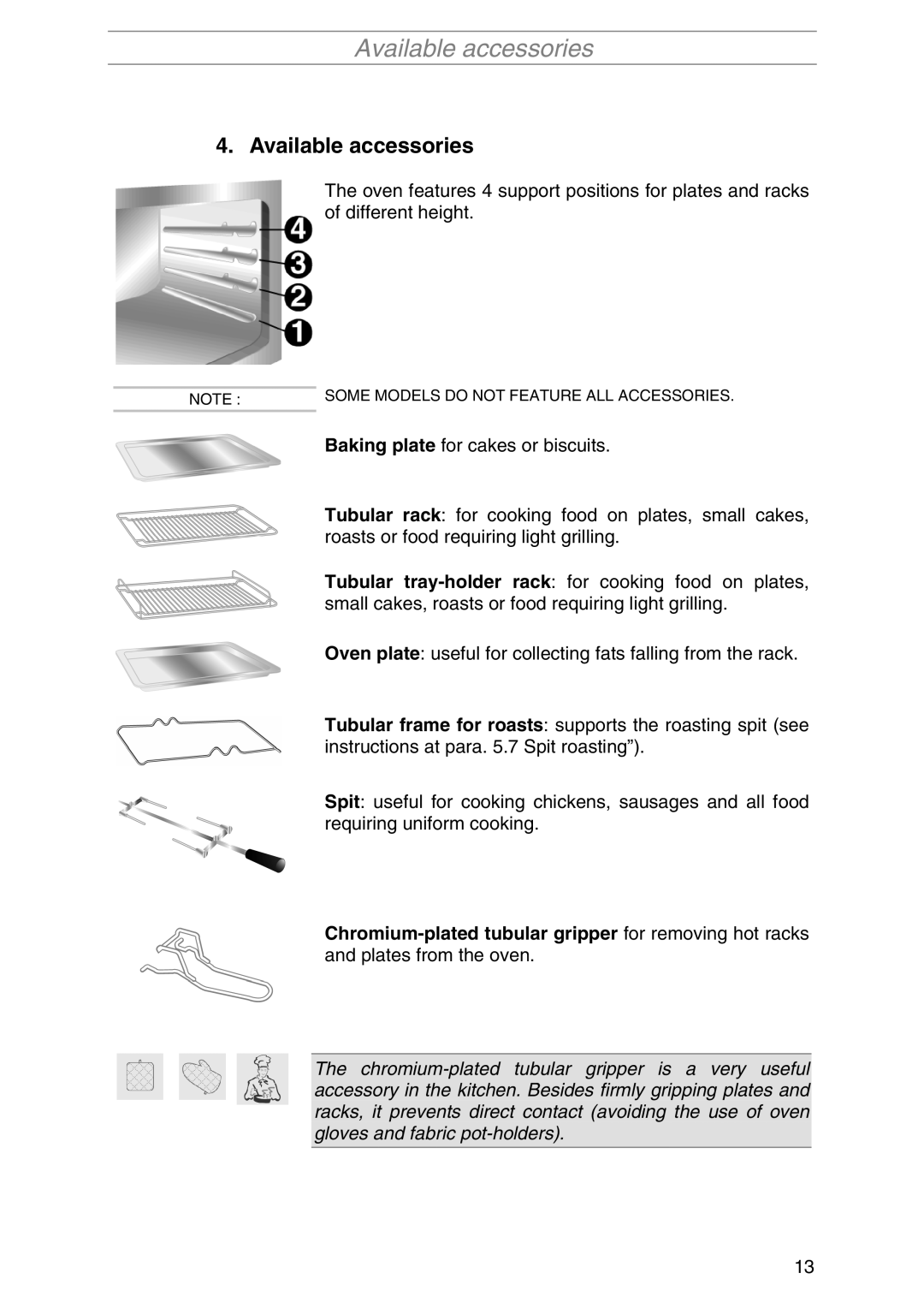 Smeg SA1010X-5 manual Available accessories 