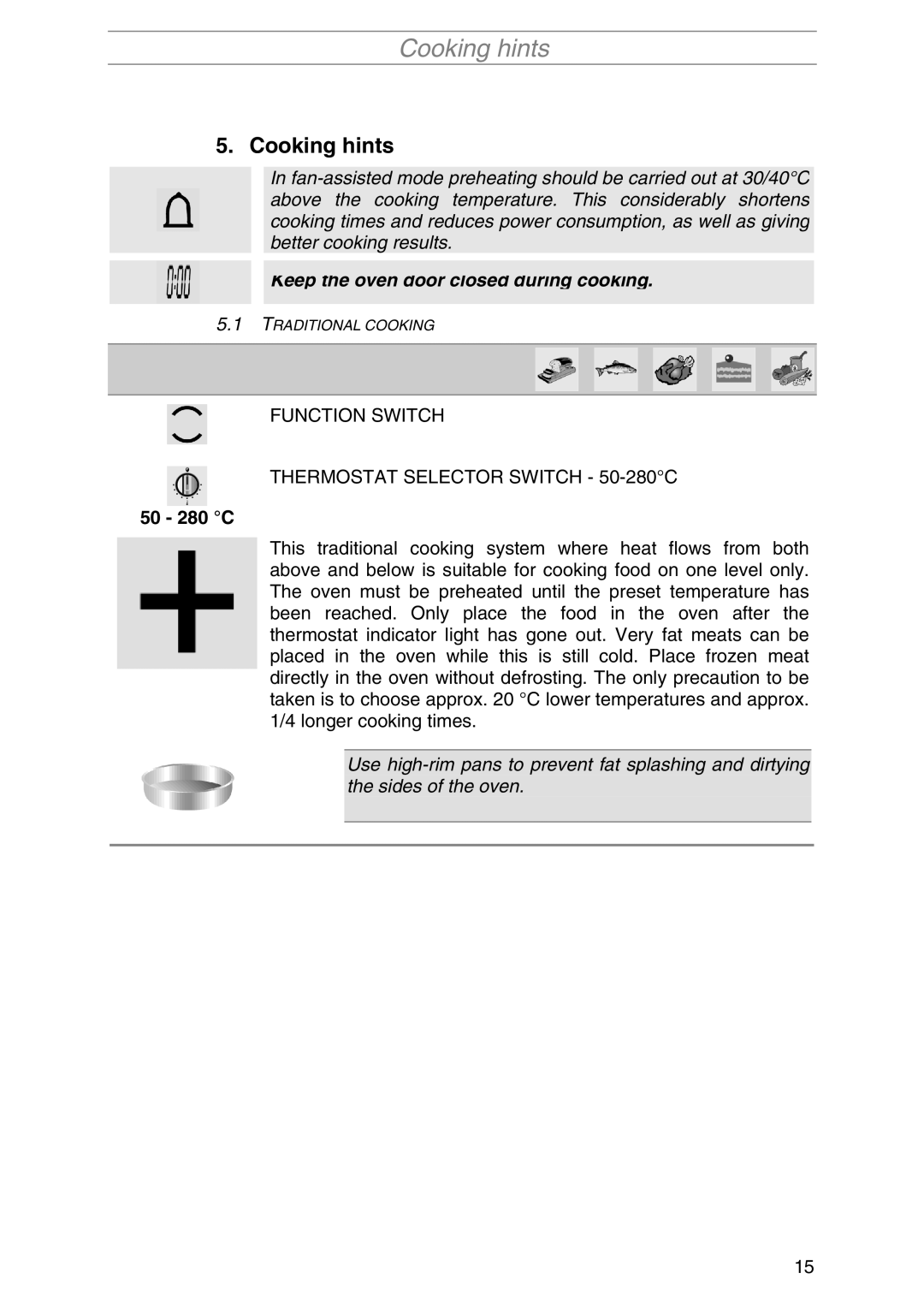 Smeg SA1010X-5 manual Cooking hints, Function Switch Thermostat Selector Switch 50-280C 