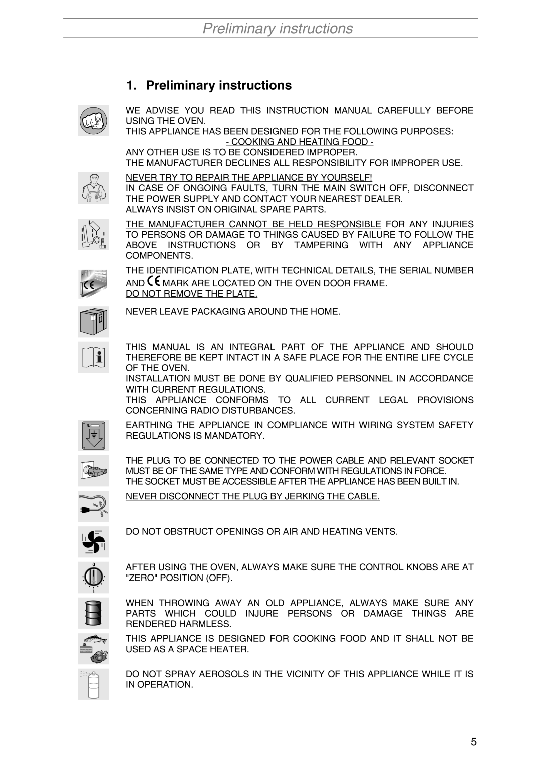 Smeg SA1010X-5 manual Preliminary instructions 