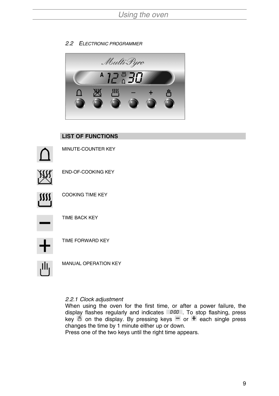 Smeg SA1010X-5 manual List of Functions, Clock adjustment 