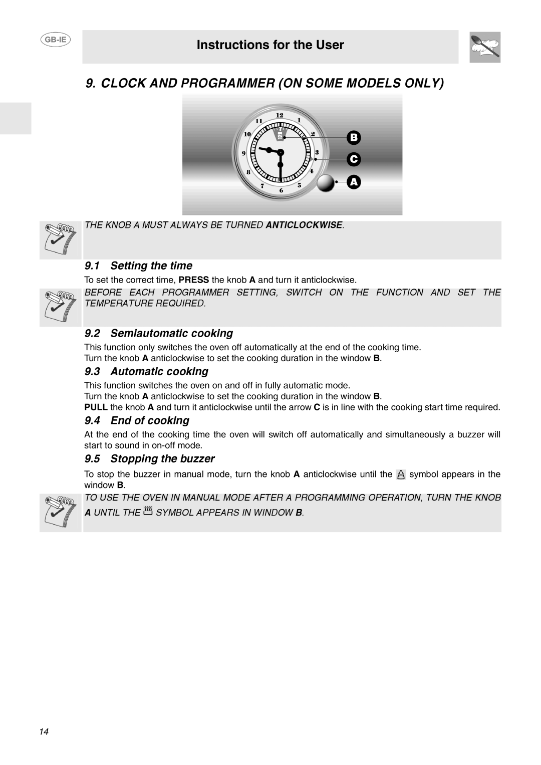 Smeg SA130P manual Clock and Programmer on Some Models only, Setting the time 