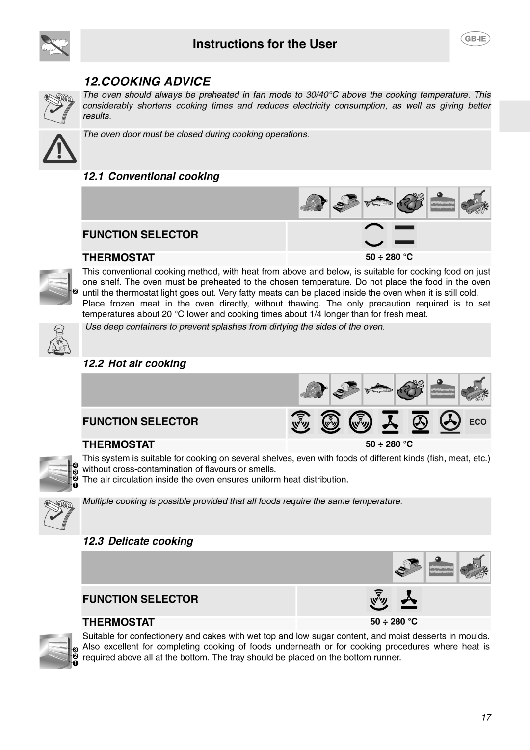 Smeg SA130P manual Cooking Advice, Conventional cooking, Hot air cooking, Delicate cooking, 50 ÷ 280 C 