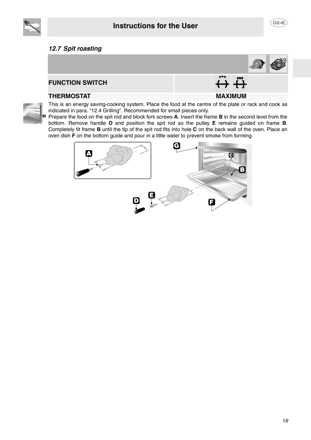 Smeg SA130P manual Spit roasting, Function Switch Thermostat Maximum 
