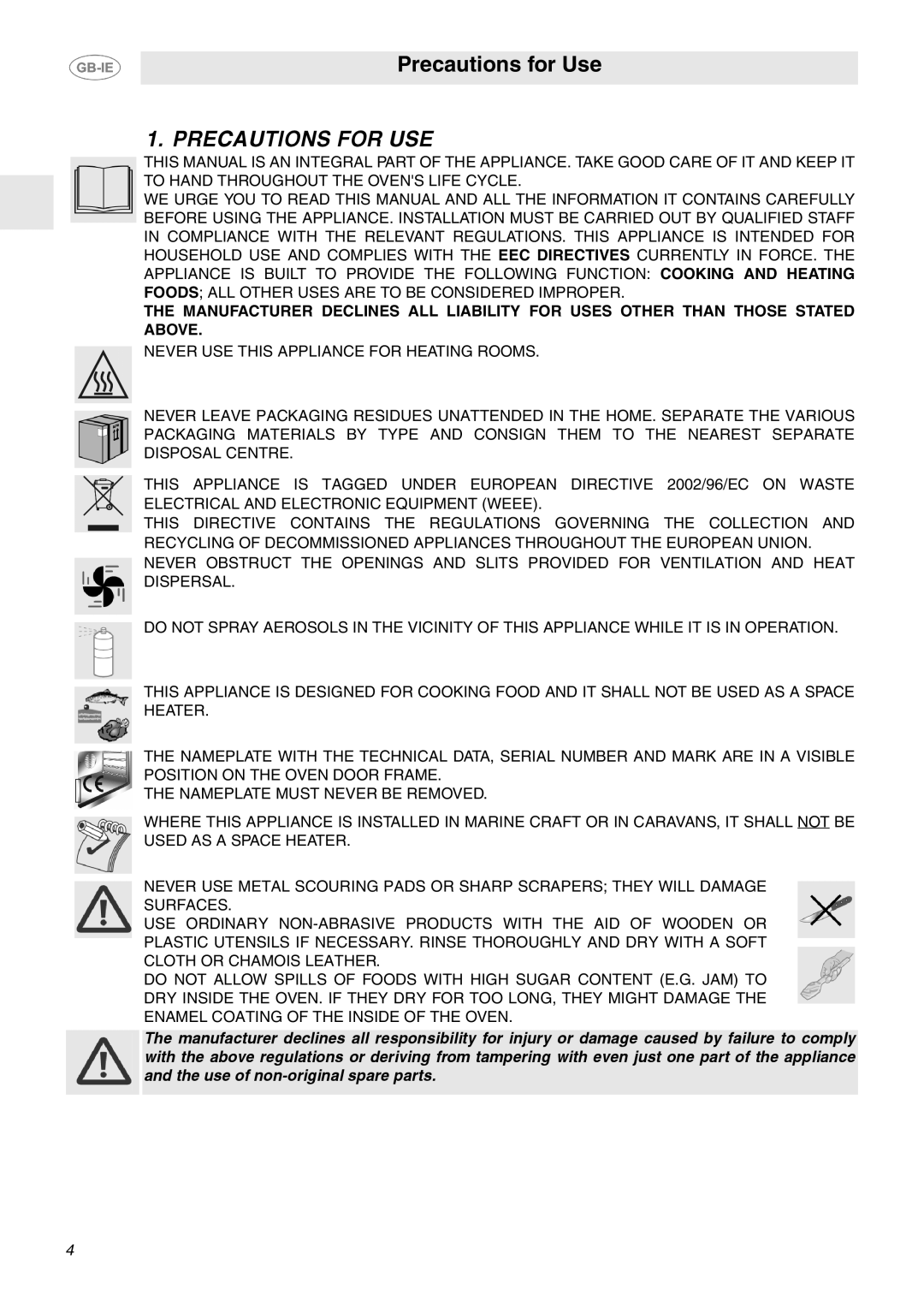 Smeg SA130P manual Precautions for USE 