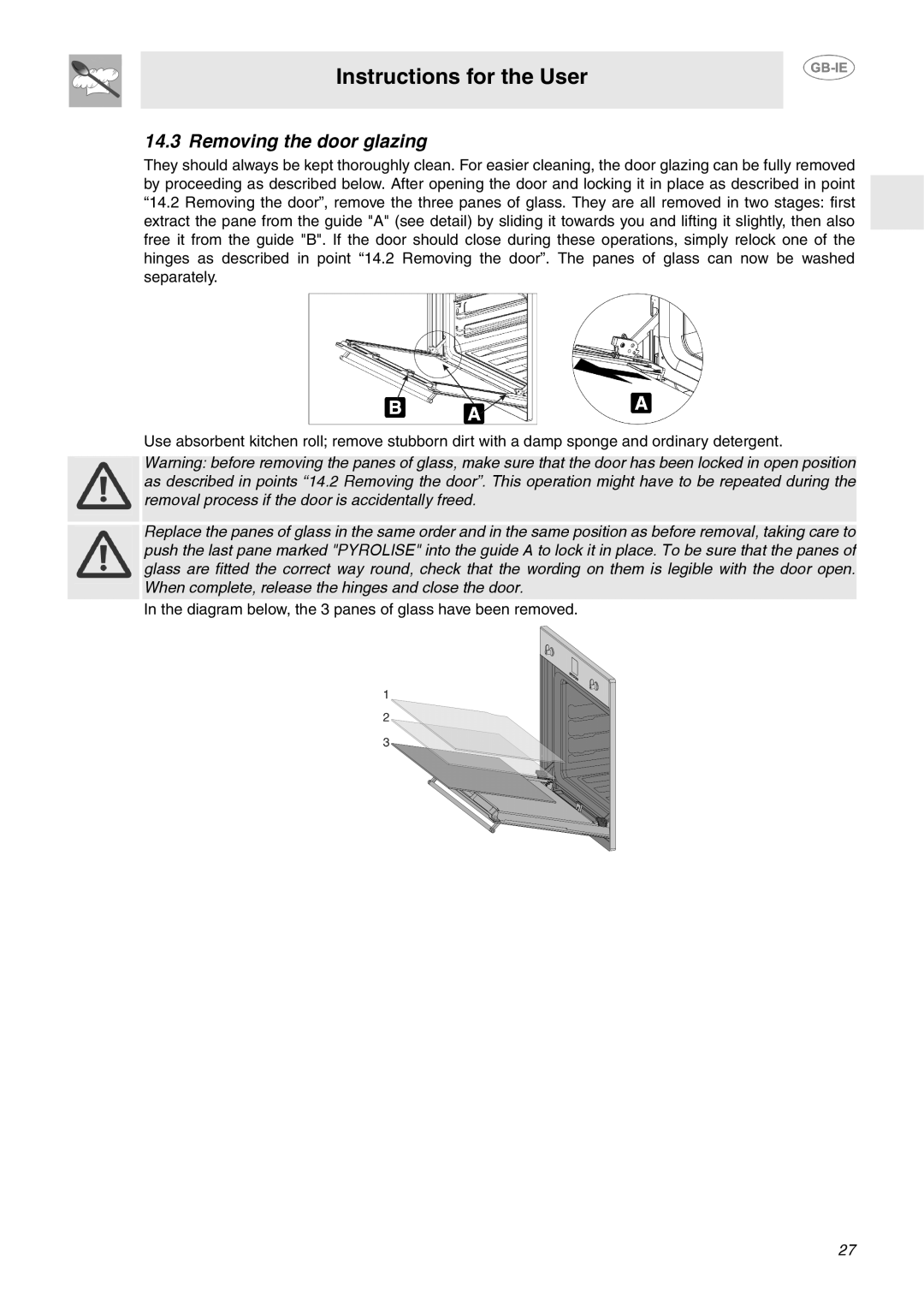 Smeg SA130P manual Removing the door glazing 