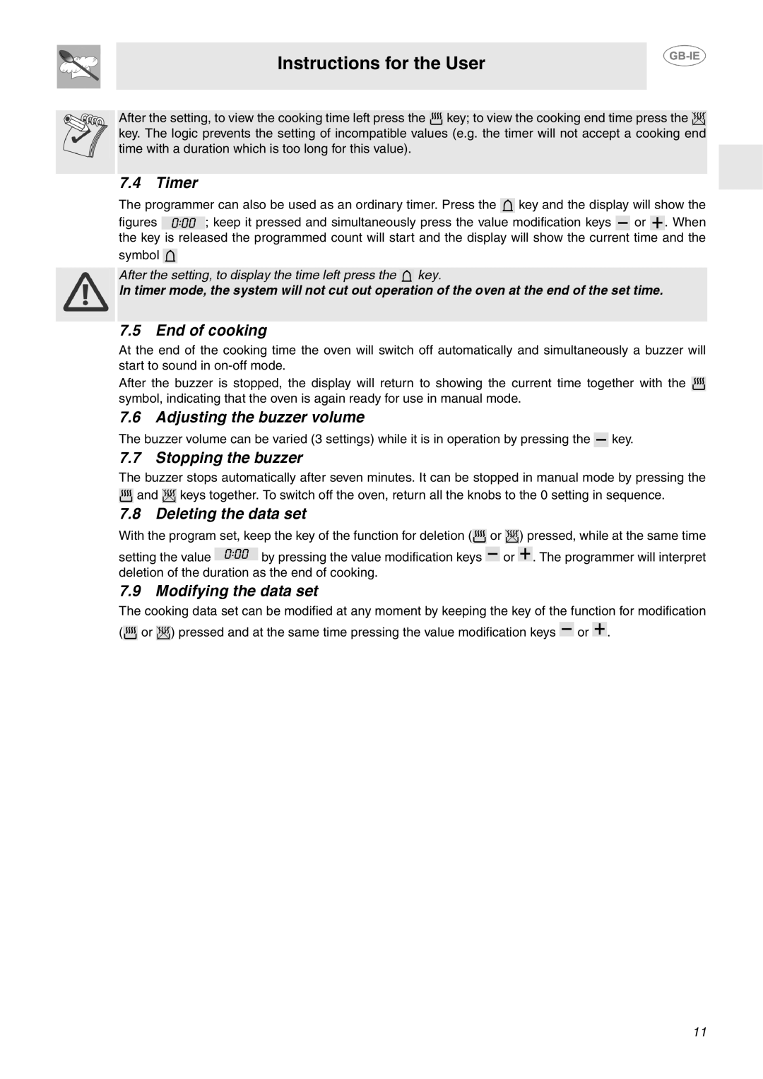 Smeg SA130P manual Timer, End of cooking, Adjusting the buzzer volume, Stopping the buzzer, Deleting the data set 