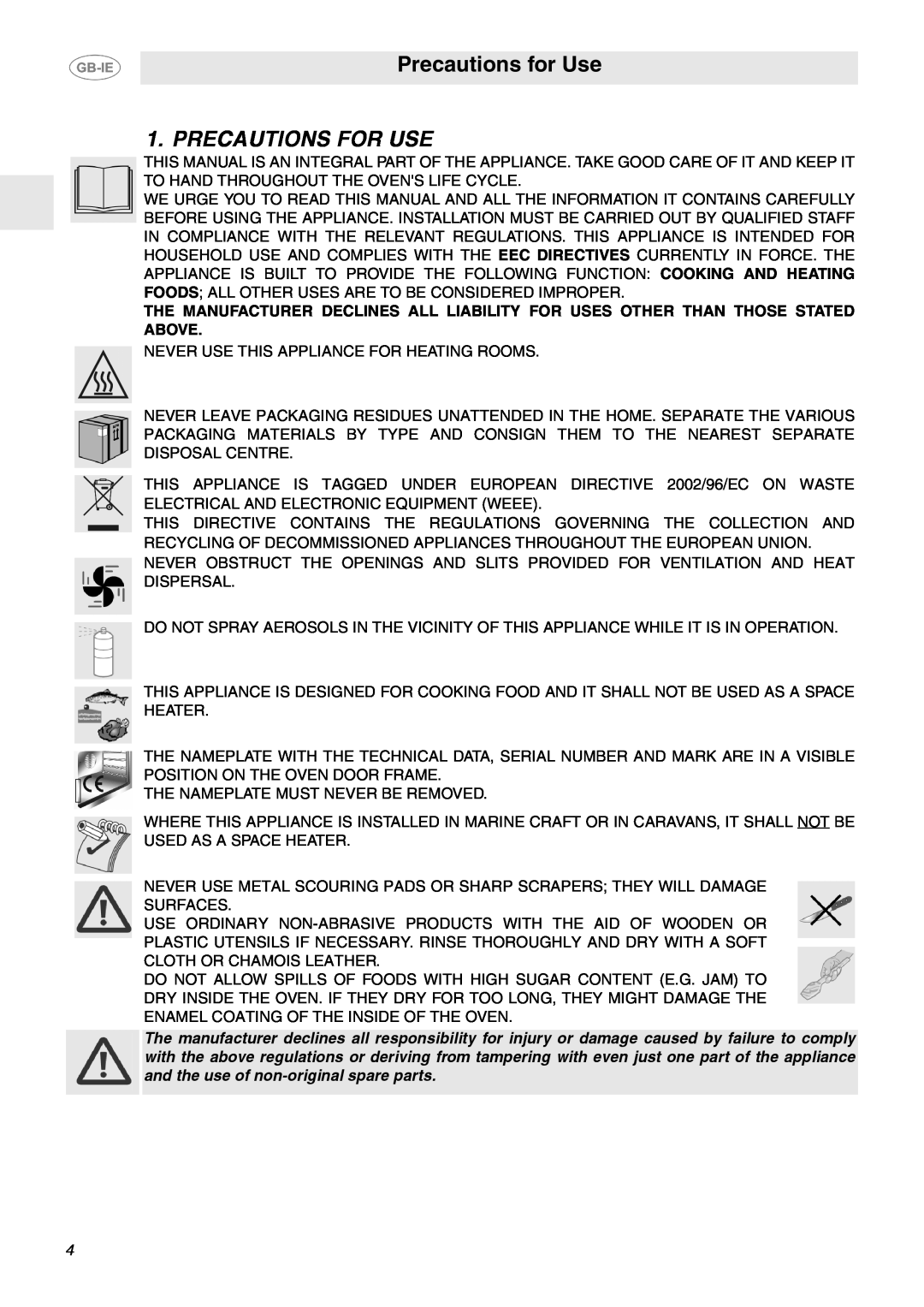Smeg SA130P manual Precautions for Use, Precautions For Use 
