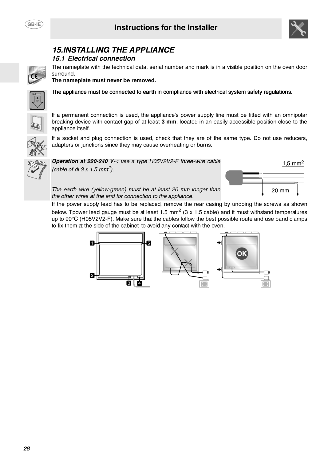 Smeg SA130P manual Instructions for the Installer, Installing The Appliance, Electrical connection 