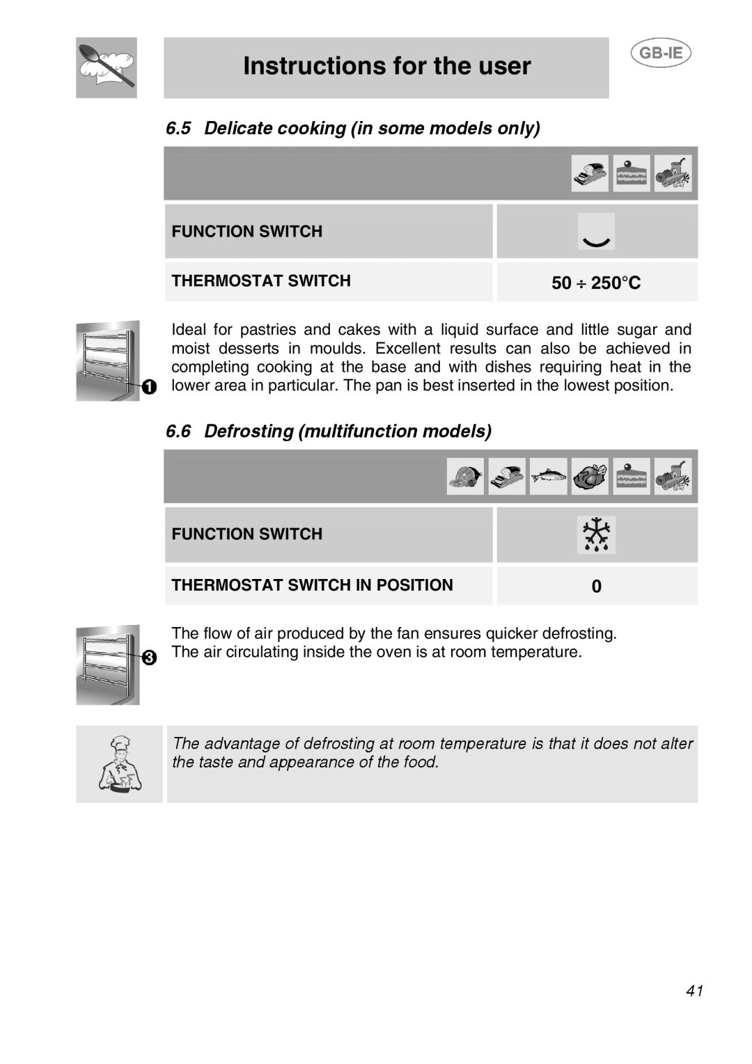 Smeg SA240X-5 manual Delicate cooking in some models only, Defrosting multifunction models 