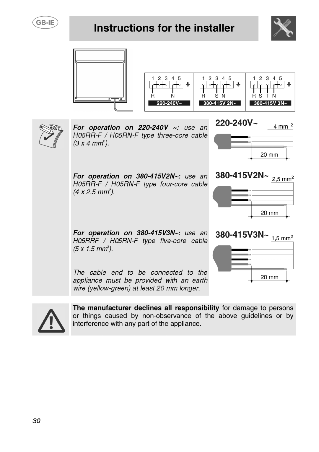 Smeg SA240X-5 manual Instructions for the installer 