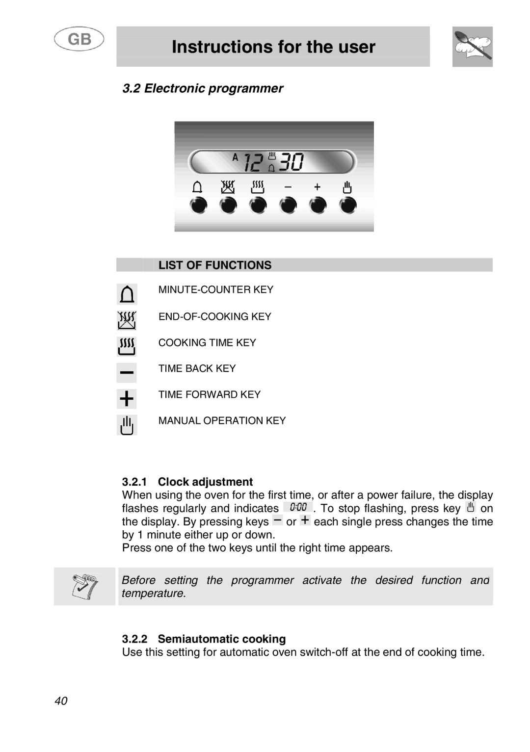 Smeg SA280X manual 2Electronic programmer, Clock adjustment, Semiautomatic cooking 