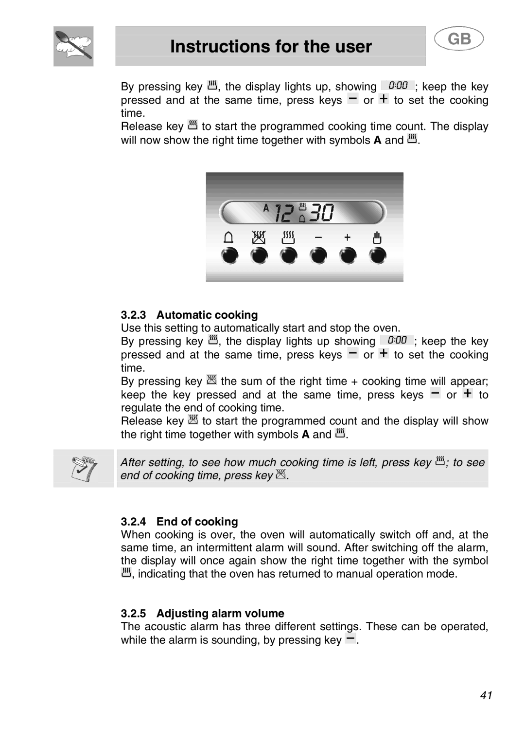 Smeg SA280X manual Automatic cooking, End of cooking, Adjusting alarm volume 