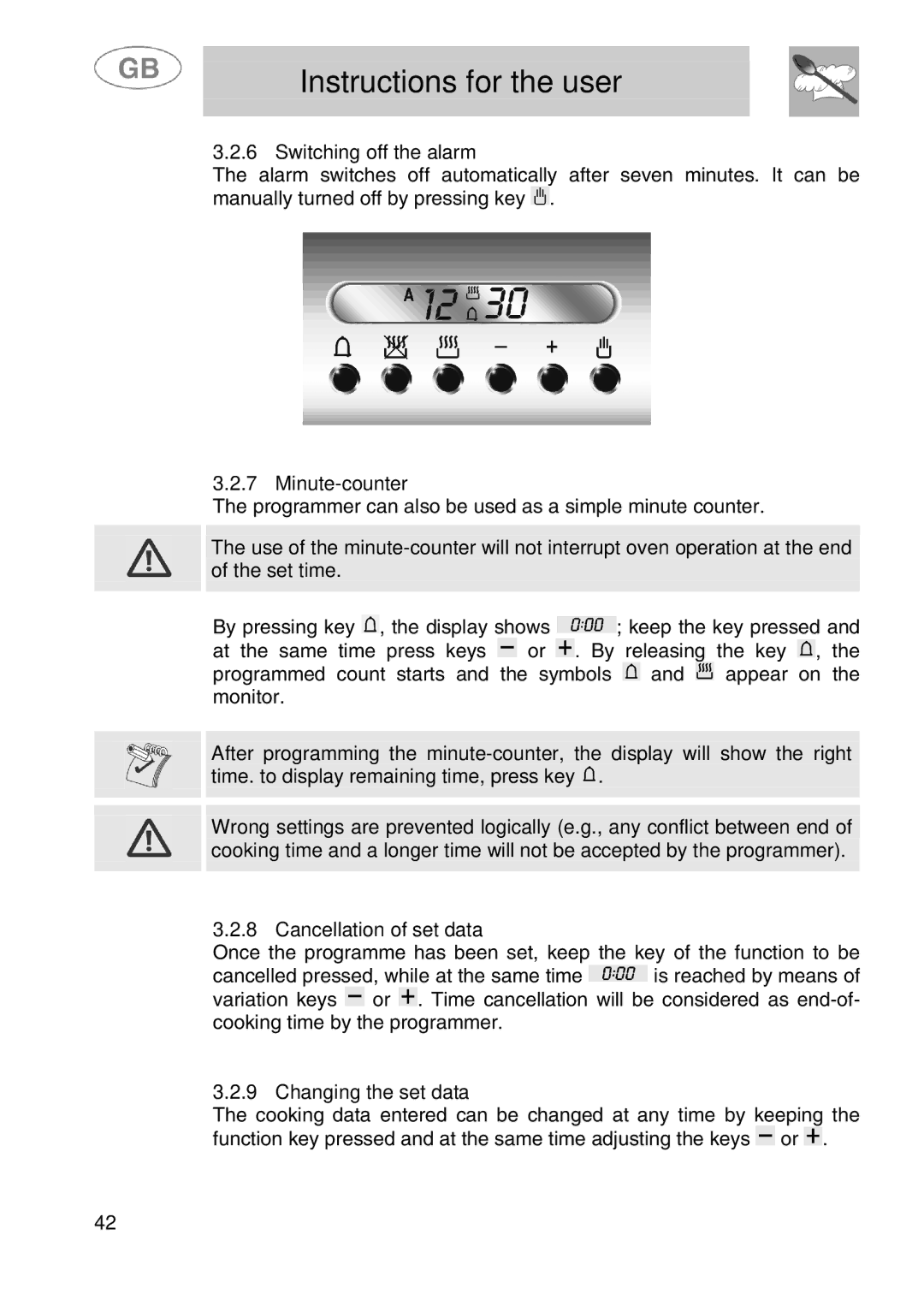 Smeg SA280X manual Switching off the alarm, Minute-counter, Cancellation of set data, Changing the set data 