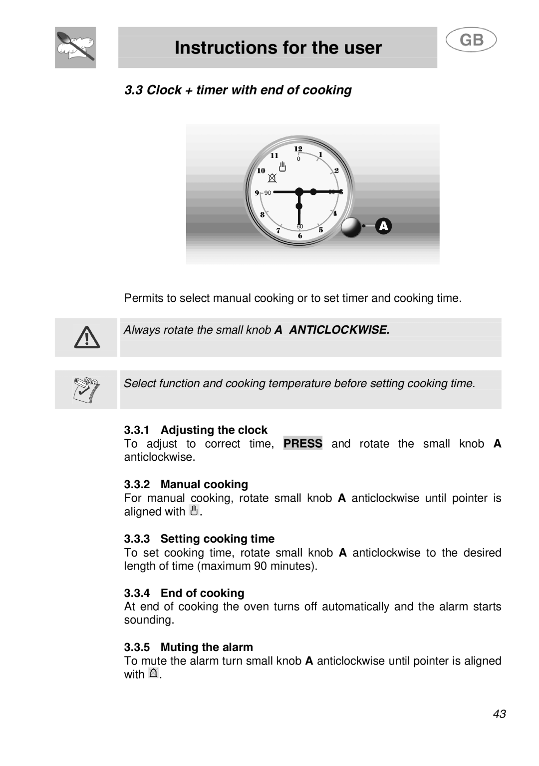 Smeg SA280X manual 3Clock + timer with end of cooking, Adjusting the clock, Manual cooking, Setting cooking time 