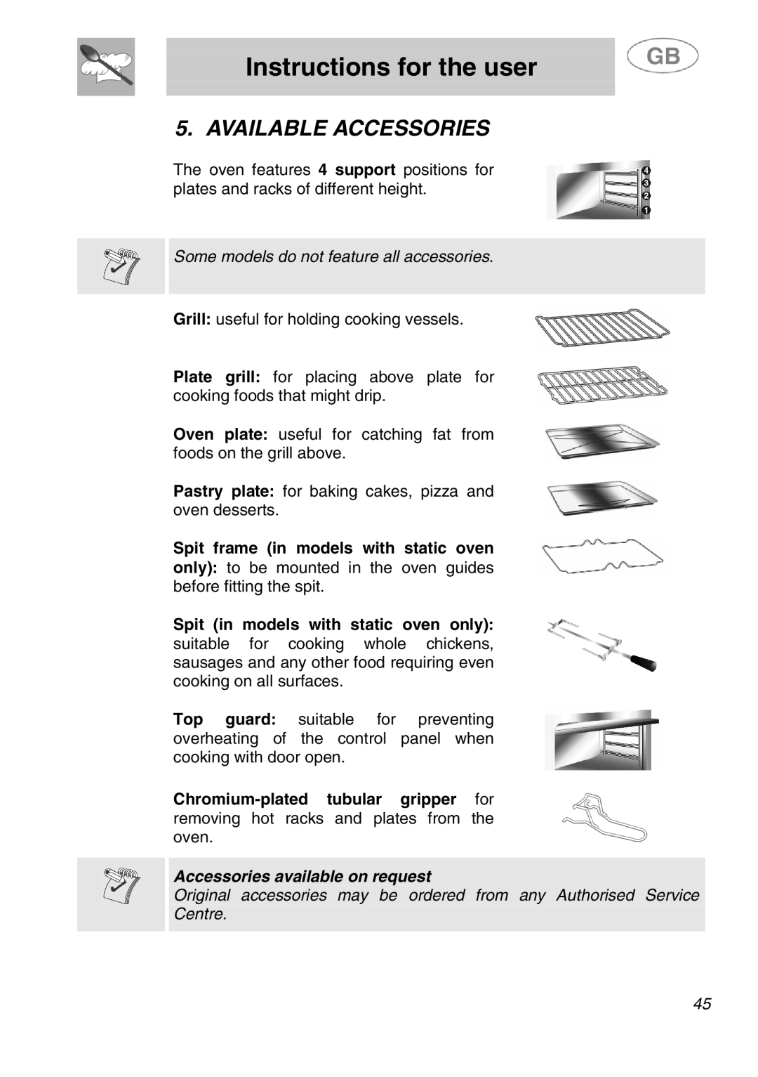 Smeg SA280X manual Available Accessories, Some models do not feature all accessories 