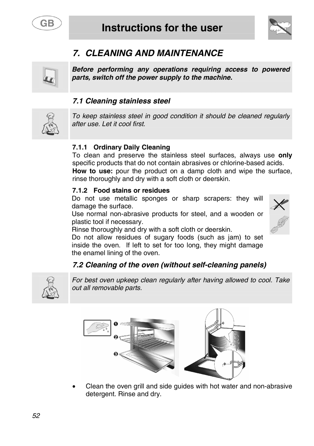 Smeg SA280X manual Cleaning and Maintenance, 1Cleaning stainless steel, 2Cleaning of the oven without self-cleaning panels 