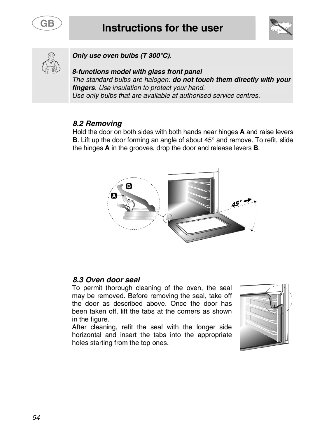 Smeg SA280X manual 2Removing, 3Oven door seal 