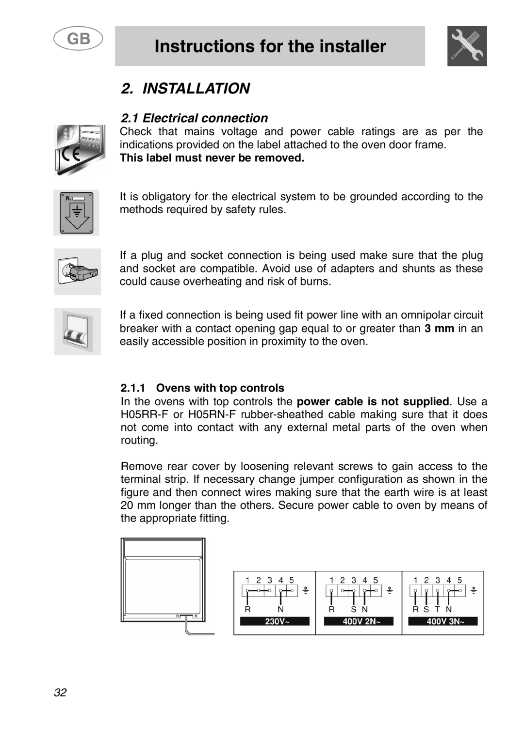 Smeg SA280X manual Installation, 1Electrical connection, This label must never be removed, Ovens with top controls 