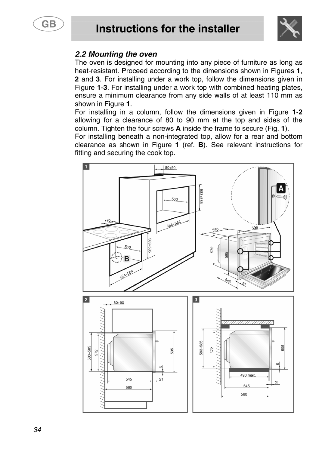 Smeg SA280X manual 2Mounting the oven 