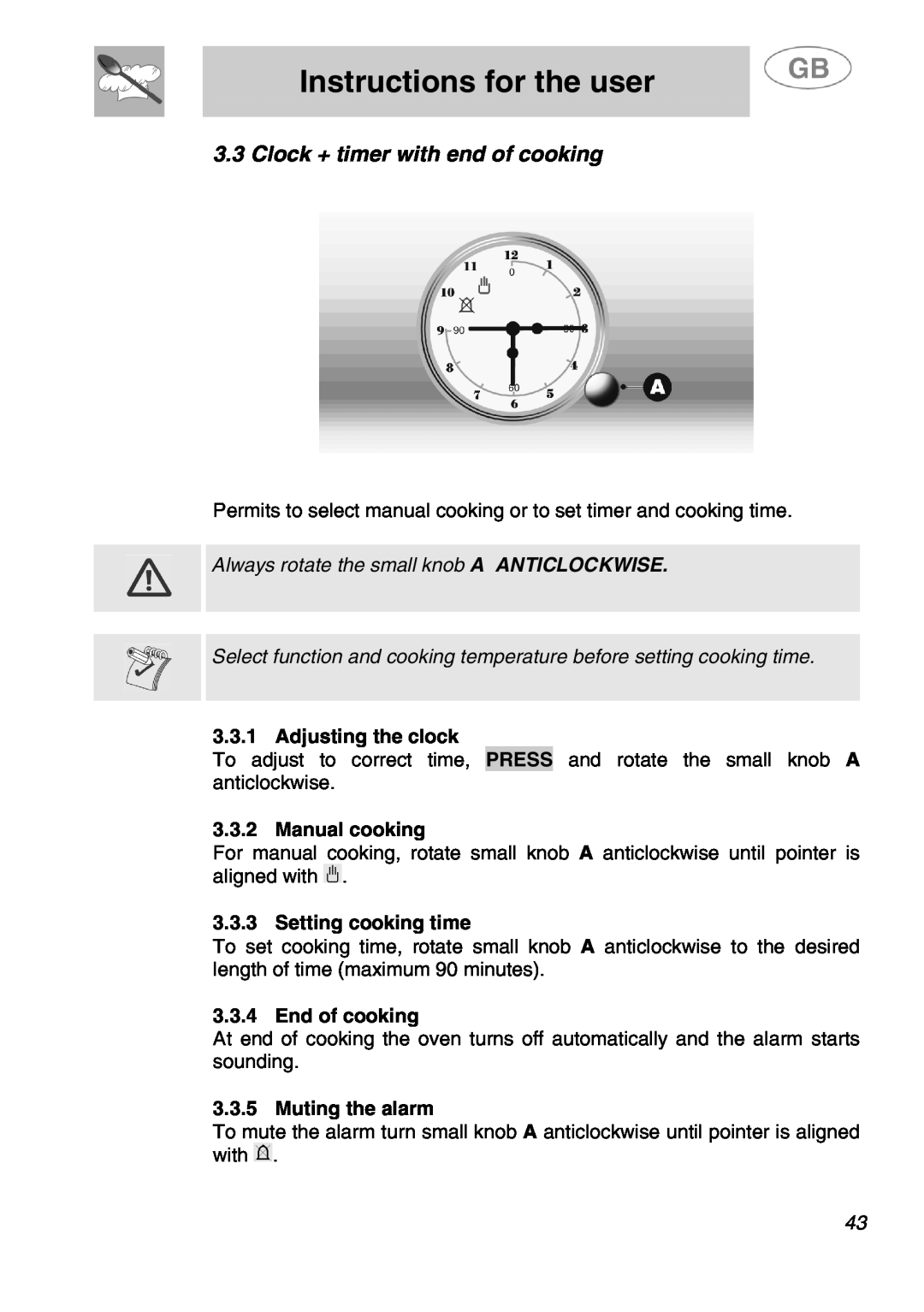 Smeg SA280X manual 3.3Clock + timer with end of cooking, Adjusting the clock, Manual cooking, Setting cooking time 