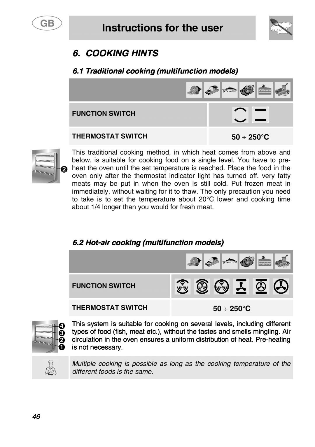 Smeg SA280X Cooking Hints, 6.1Traditional cooking multifunction models, 50 ⎟ 250C, 6.2Hot-air cooking multifunction models 