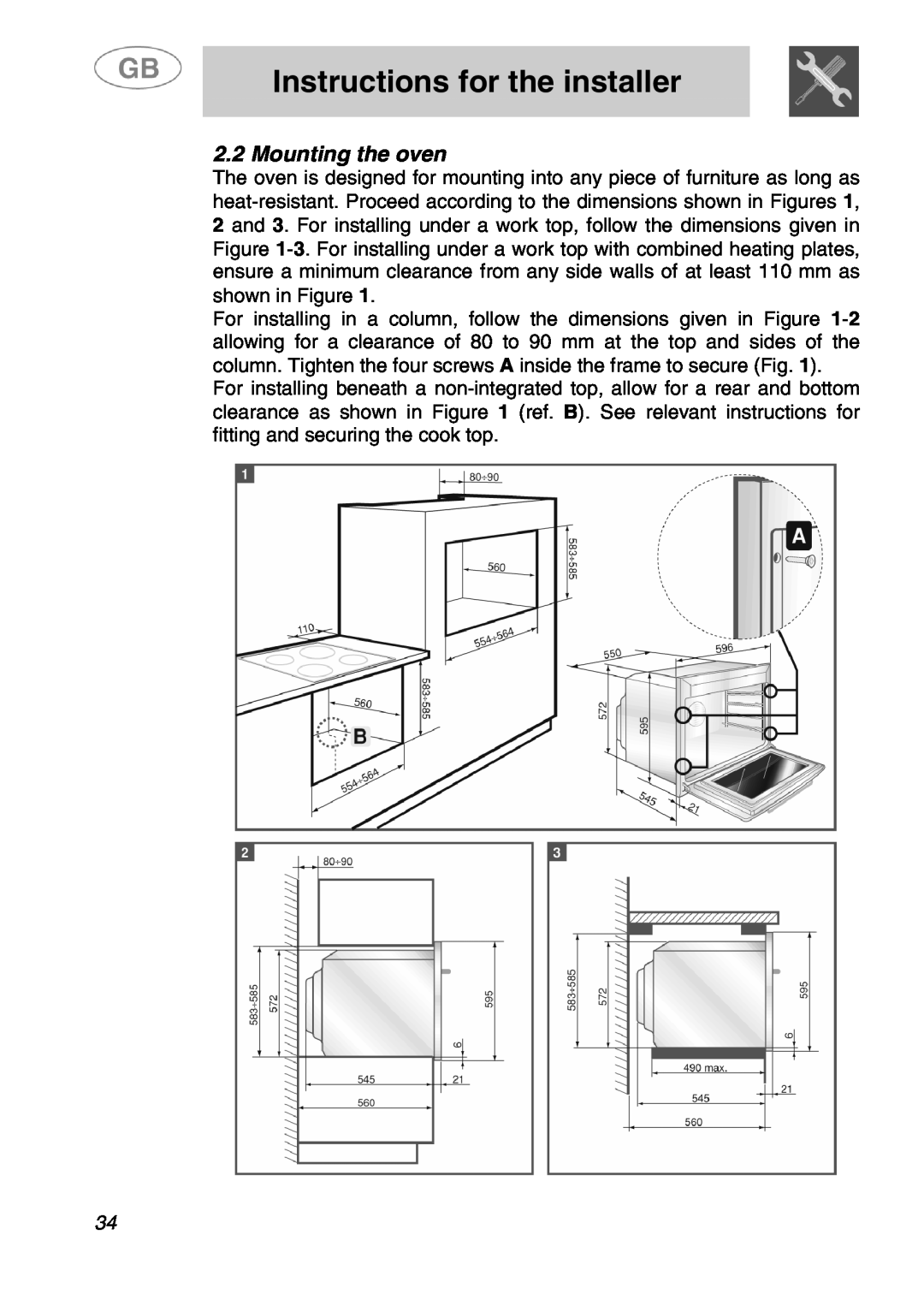 Smeg SA280X manual 2.2Mounting the oven, Instructions for the installer 